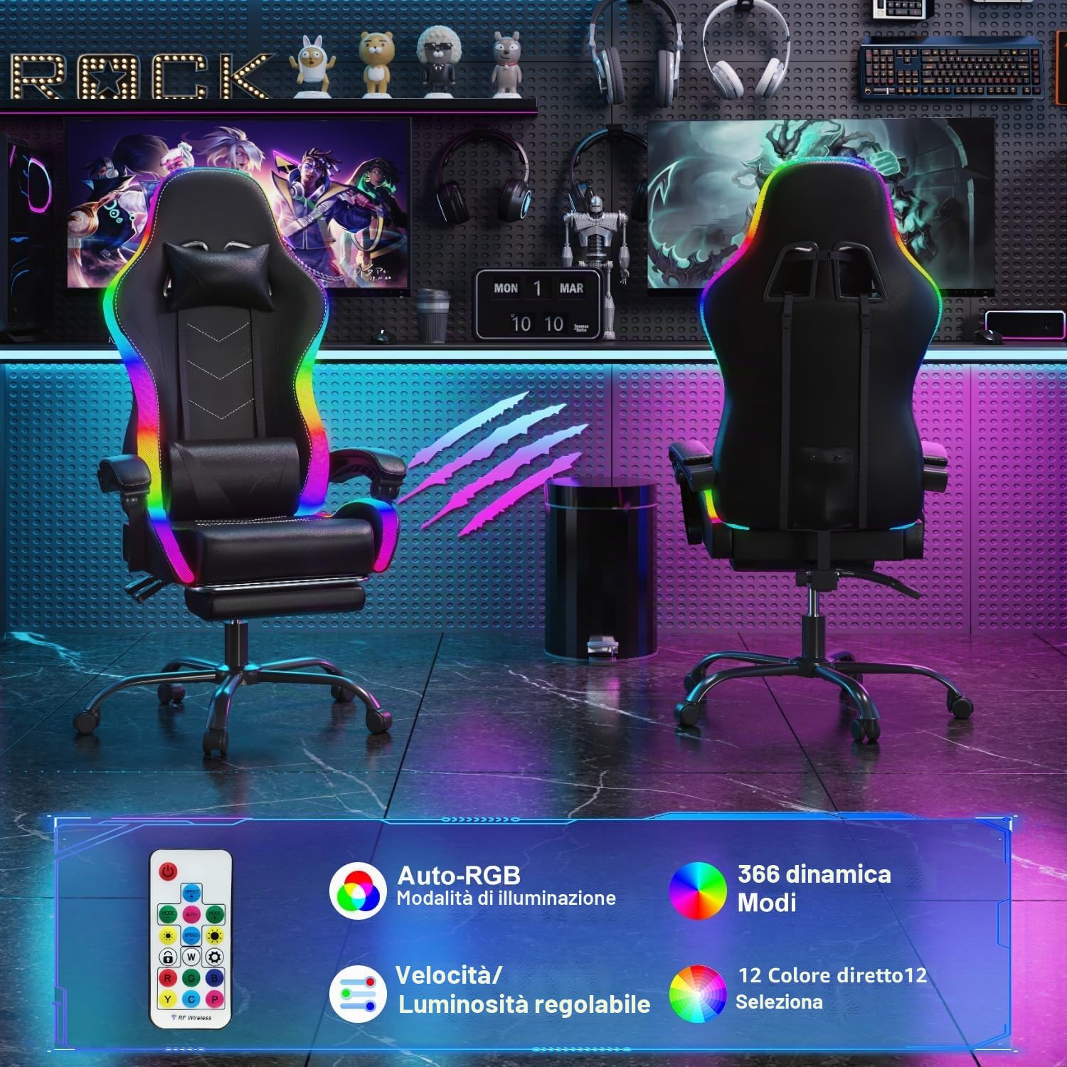 JUMMICO Sedia da gioco con LED, Cool Racing Gamer, sedia ergonomica da ufficio con funzione massaggiante, schienale regolabile 90-135°, con poggiapiedi telescopico, capacità di carico 150 kg, colore