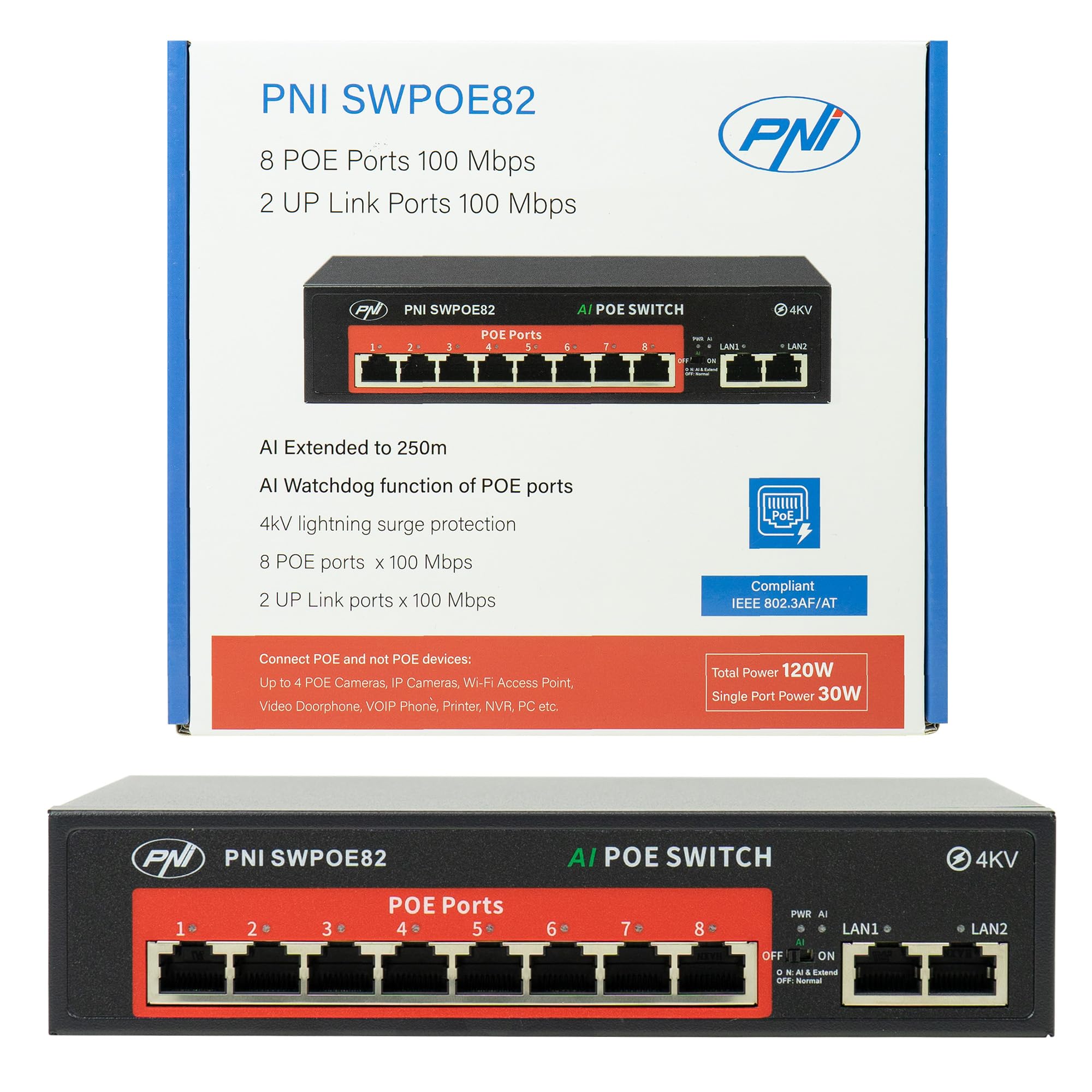 Switch POE SWPOE82 PNI, 8 porte POE da 100 Mbps e 2 porte UP Link da 100 Mbps, 120 W, funzione AI Extend fino a 250 m, protezione contro i fulmini da 4 kV