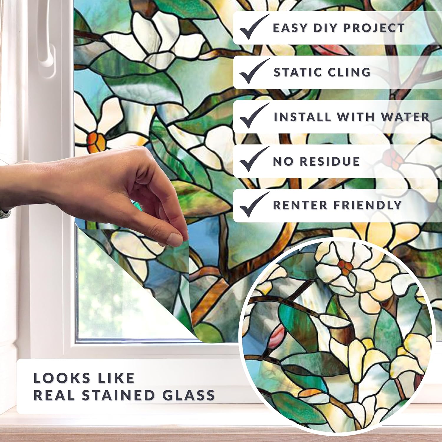 Winter Magnolia Window Privacy Film by Artscape - Decorative Stained Glass Design, Static Cling, Full Coverage Privacy, UV Protection, Durable in Heat, Cold, and Humidity, Made in USA - 24 x 36 Inch