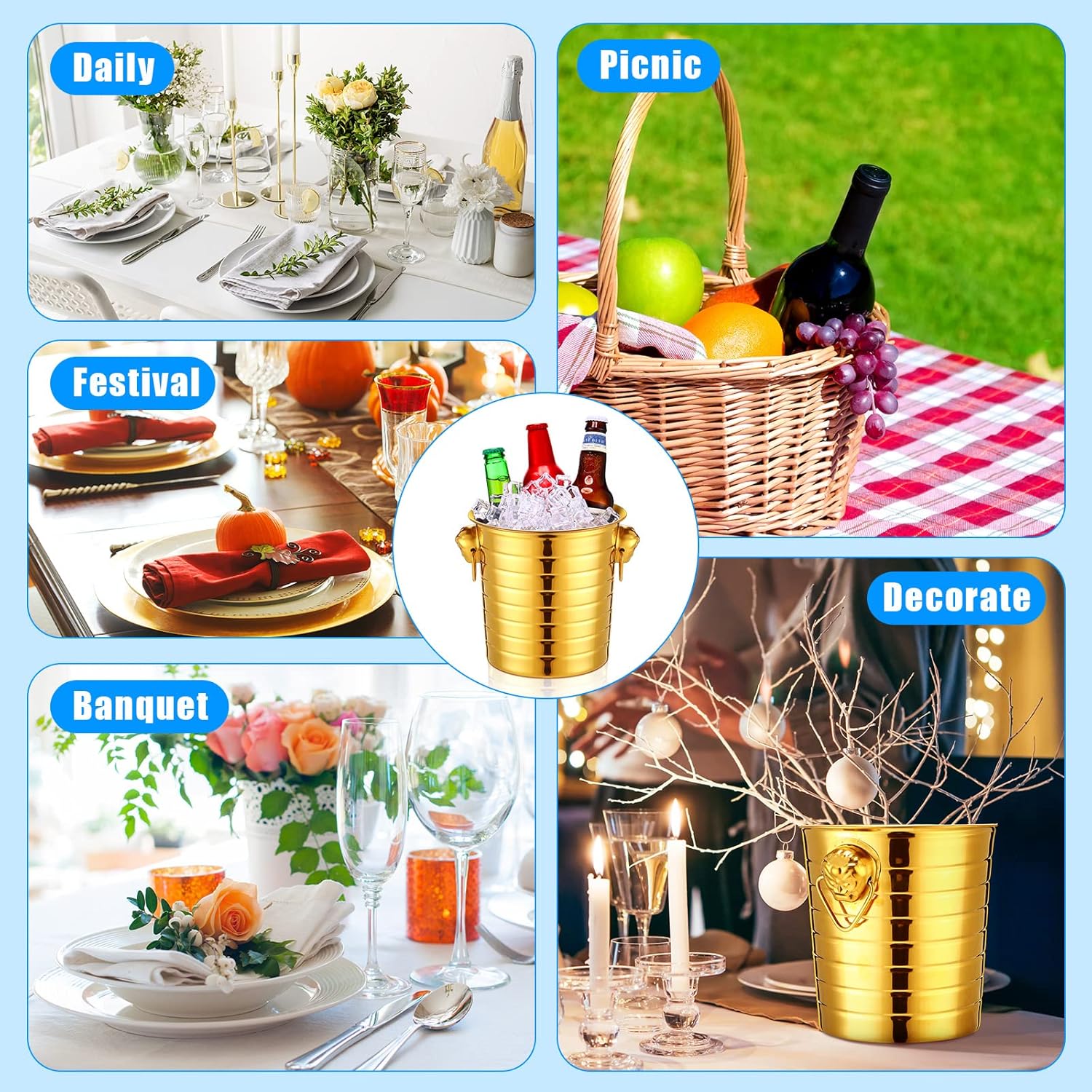 Pinkunn 3 Pack Stainless Steel Champagne Bucket 3 Qt Metal Ice Bucket Double Wall Wine Buckets with Handles Party Beverage Chiller for Champagne Beer Cocktail Wine Drinks Home Bar Accessories (Gold)