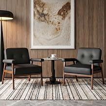 STHOUYN Accent Chairs Set of 2, Black Leather Chair with Wood Frame, Upholstered Tufted Reading Arm Chair, Mid-Century Modern Comfy Living Room Chair, Side Chairs for Living Room, Waiting Room 2