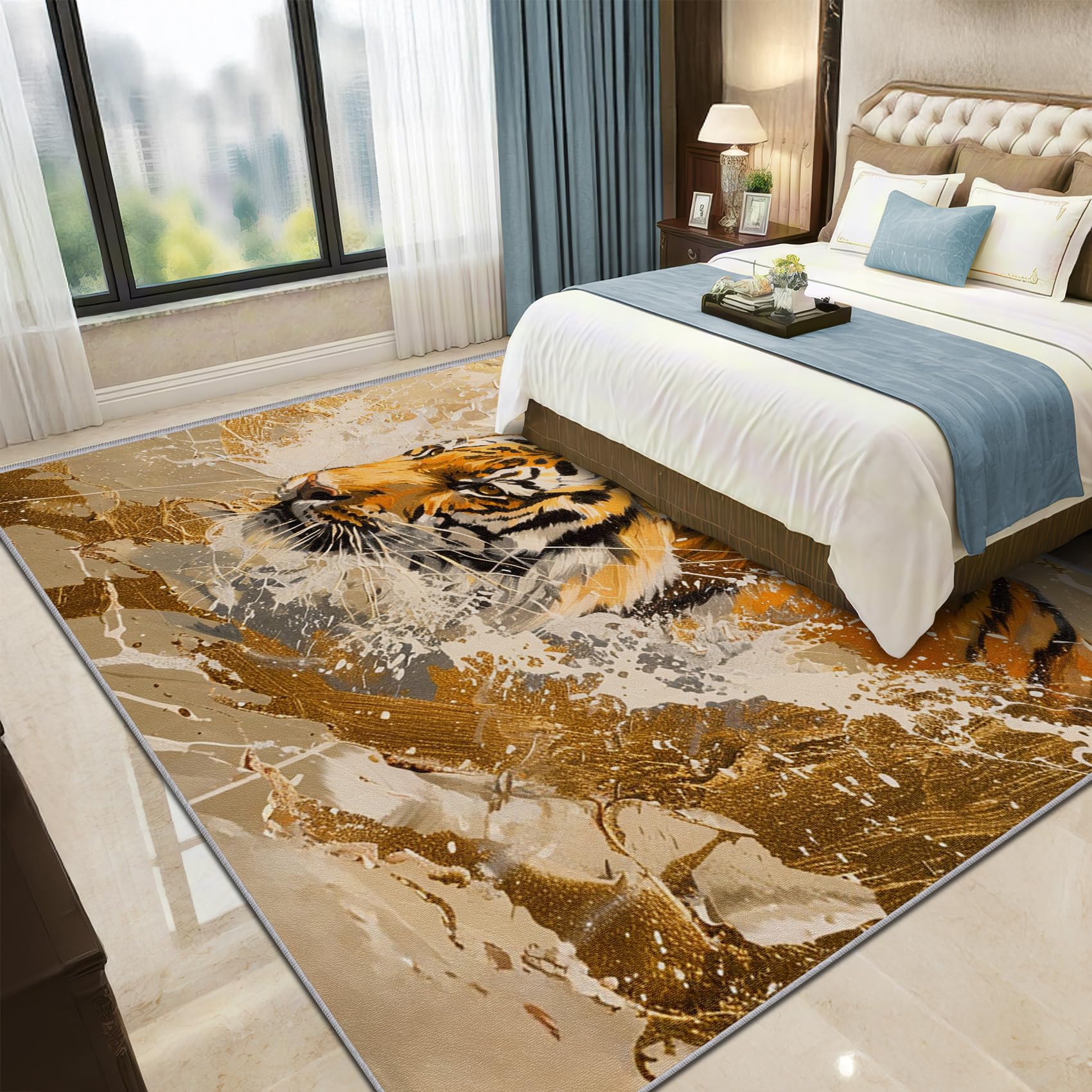 Tiger Teppich Waschbar, Abstrakt Künstlerisch Tiere Teppich 80x150 cm, Modern Wildnis rutschfest Waschbar Pflegeleicht Teppiche Für Schlafzimmer Küche, Goldorange