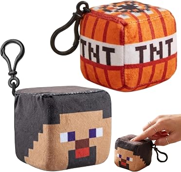 SRV Hub 2PCS Minecraft Steve & TNT Block Plush Cube Clip-On Keychains   8cm Soft Minecraft Plush Toys | Backpack Clips Collectible Gamer Gift for Kids