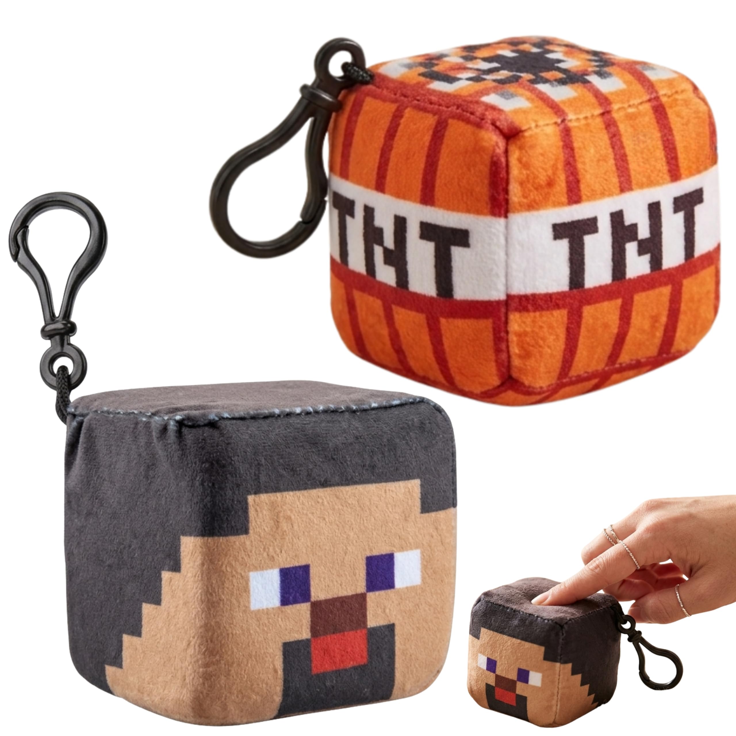 SRV Hub 2PCS Minecraft Steve & TNT Block Plush Cube Clip-On Keychains – 8cm Soft Minecraft Plush Toys | Backpack Clips Collectible Gamer Gift for Kids