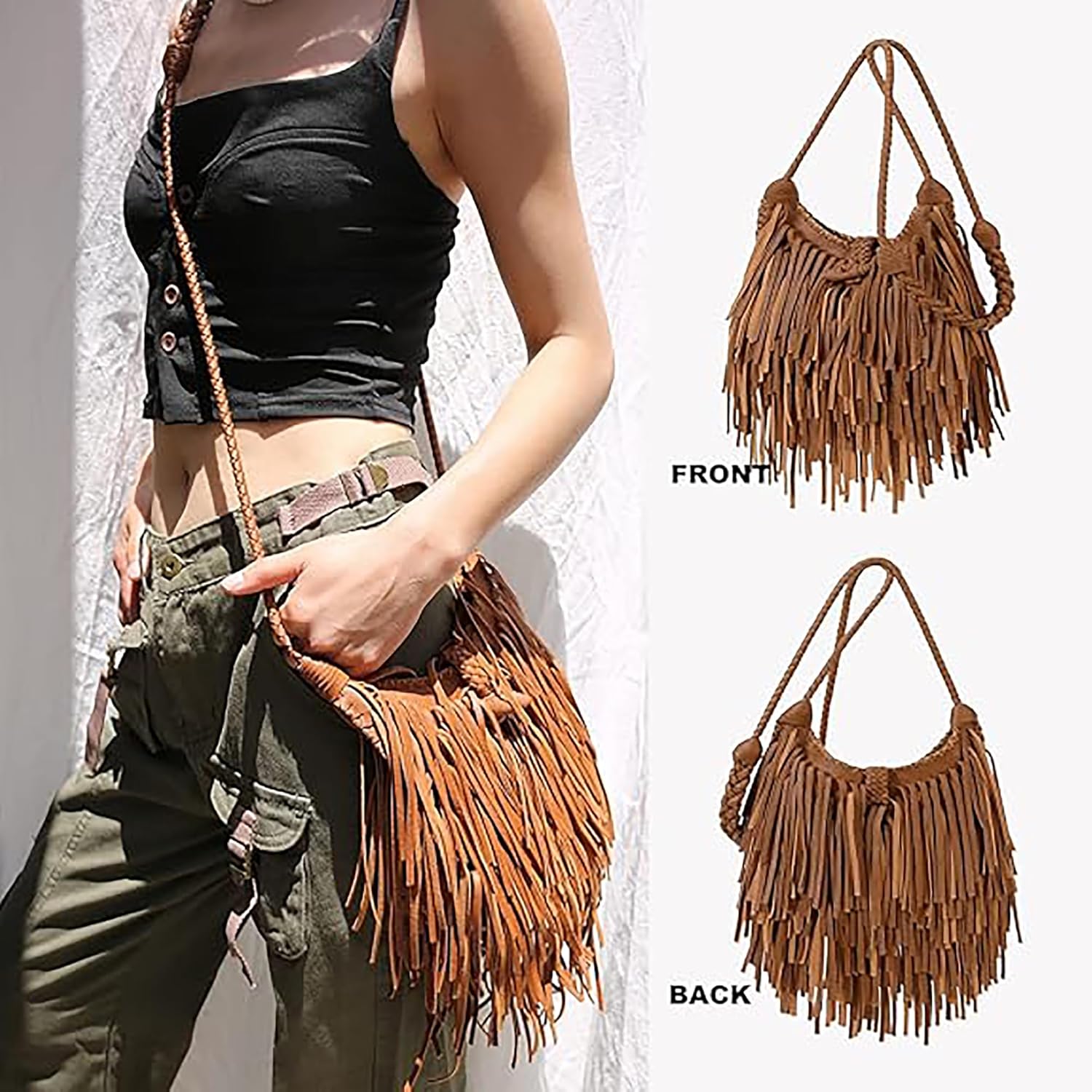 Tassel Shoulder Bag Vintage & Stylish Women PU Leather Bohemian Fringed Crossbody Shoulder Hobo Fringe bag