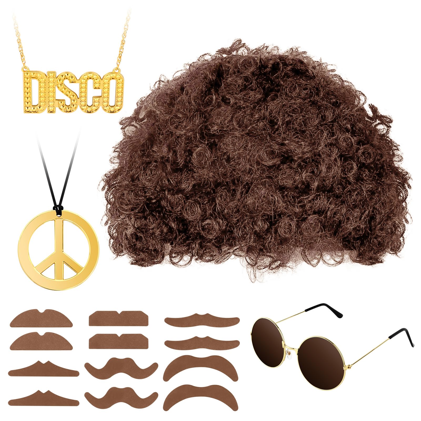Accesorios de Fiesta Hippie, MXTIMWAN Set Disfraz Hippie Años 70, Hombre Hippie Costume, Pelucas Disfraz Peluca Hombre con Gafas de Sol Barba, para Fiesta Carnaval Cosplay