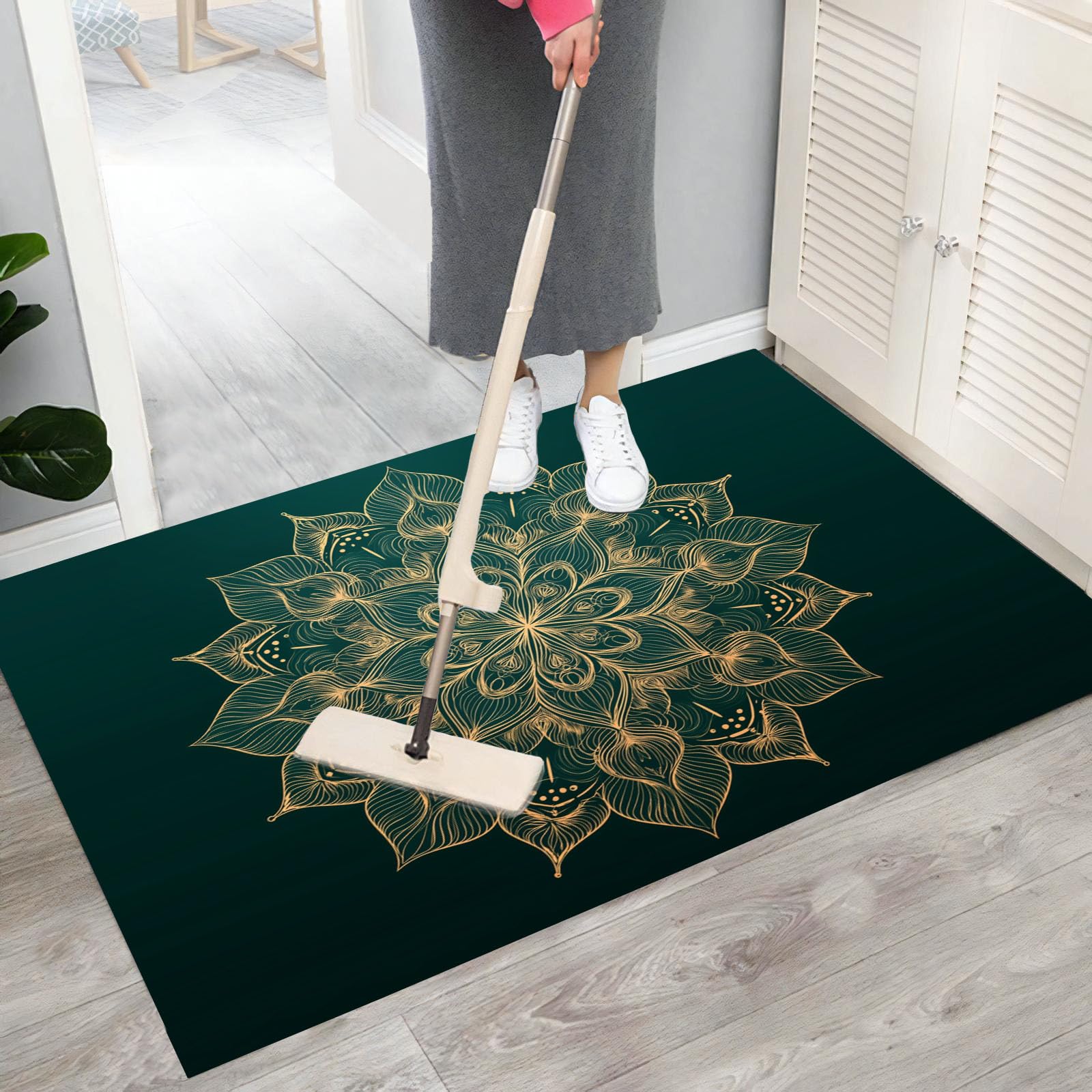 Dunkelgrün Fußmatte Innen 80X120Cm, Handgemaltes Mandala Waschbar Fussmatte Eingangsteppich Innen, Schmutzfangmatte rutschfest, Elegante Blumen Kurzflor Türmatte Teppich Für Eingang