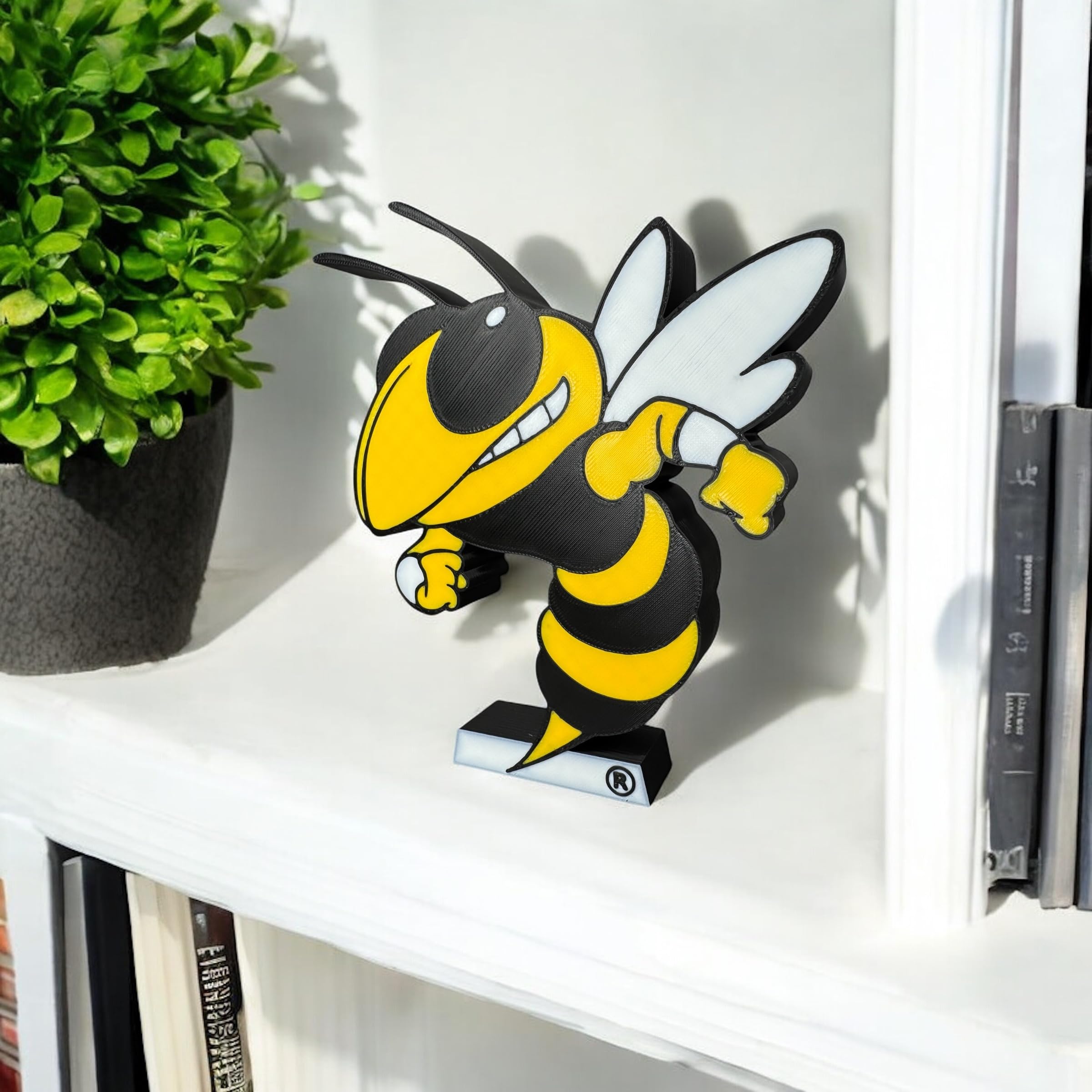 CLTFanCreations Georgia Tech Buzz The Yellow Jacket 3D Printed Decorative Logo, Free-Standing Display Figure, (Black/White/Gold), College Sports Fan Decor