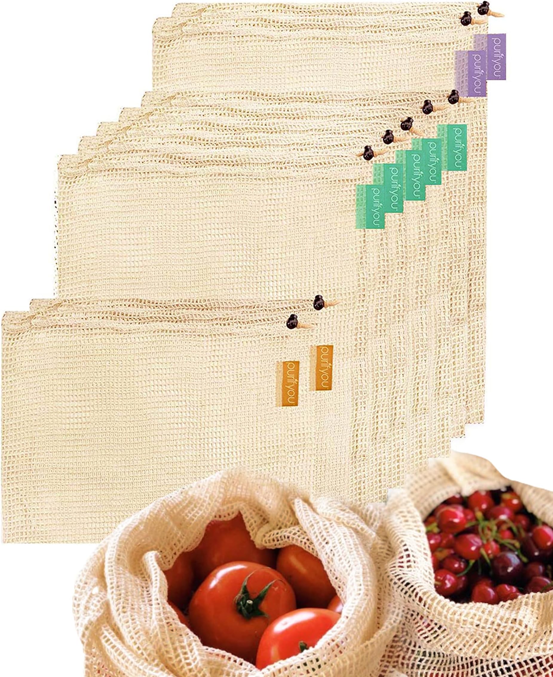 purifyou Set of 9 Premium Organic Cotton Produce Bags, Reusable Mesh Storage Bags for Vegetables, Fruits, Snacks, and Groceries, Raw & Unbleached (2 Extra Large, 5 Large, 2 Small Bags)