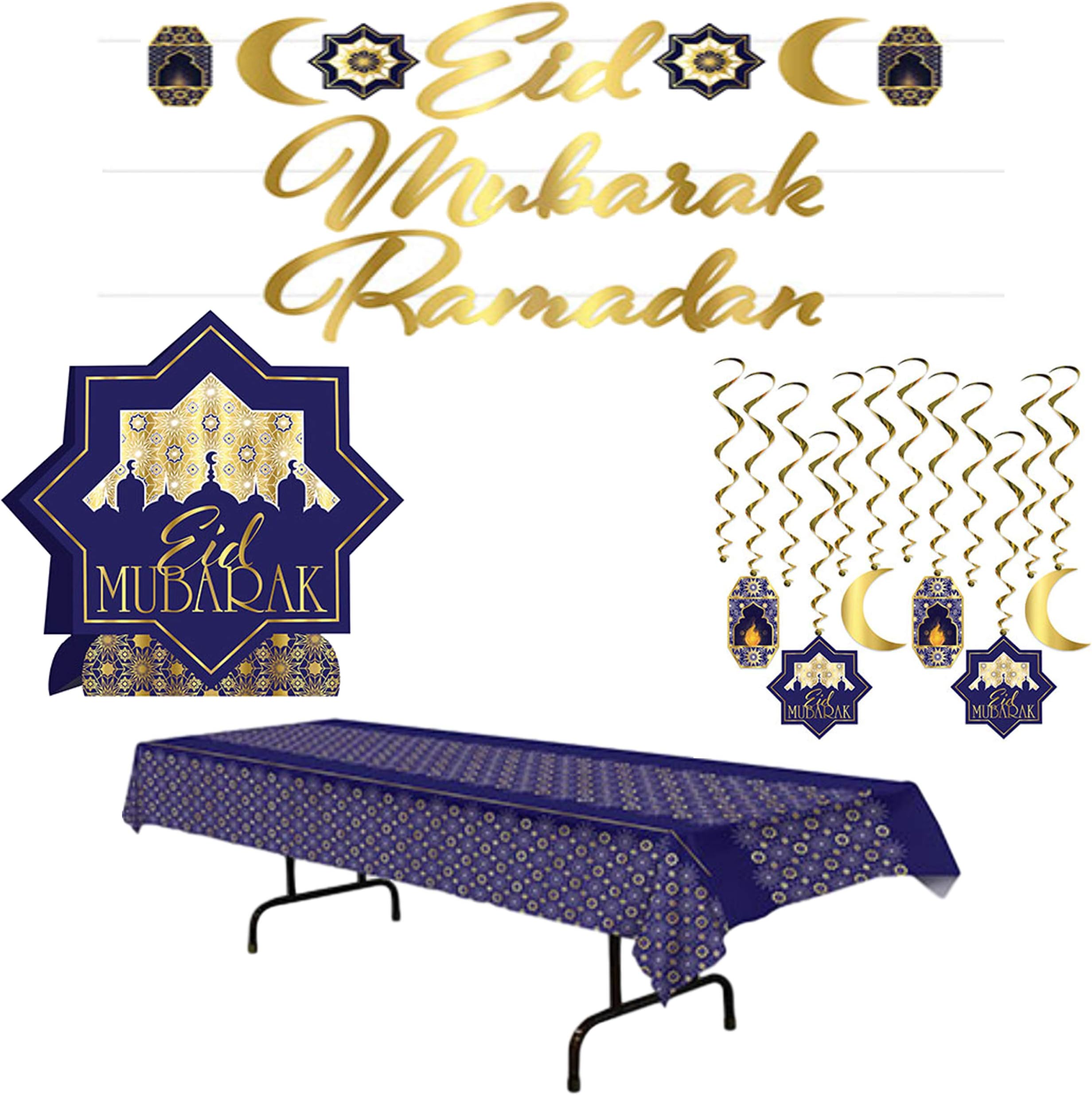 Eid Mubarak Celebration Party Decoration Kit - Bundle Includes Table Cover, 3-D Centerpiece, Streamer Set, and Hanging Whirls