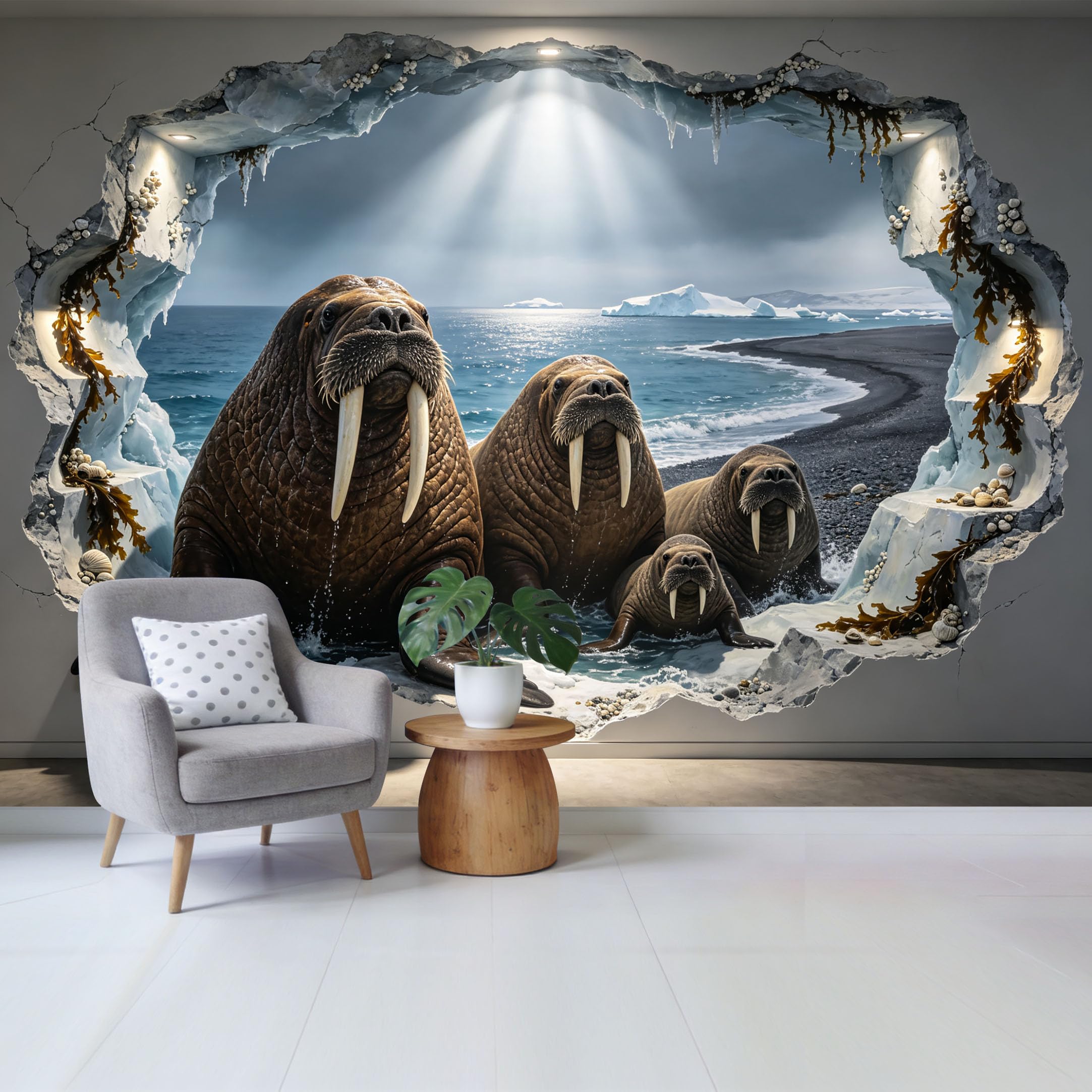Custom Size Wall Mural Ocean Arctic Walrus 3D Trompe l’oeil Ice Landscape Removable Self Adhesive Fabric， Home Wall Decor for Living Room Bedroom Bathroom