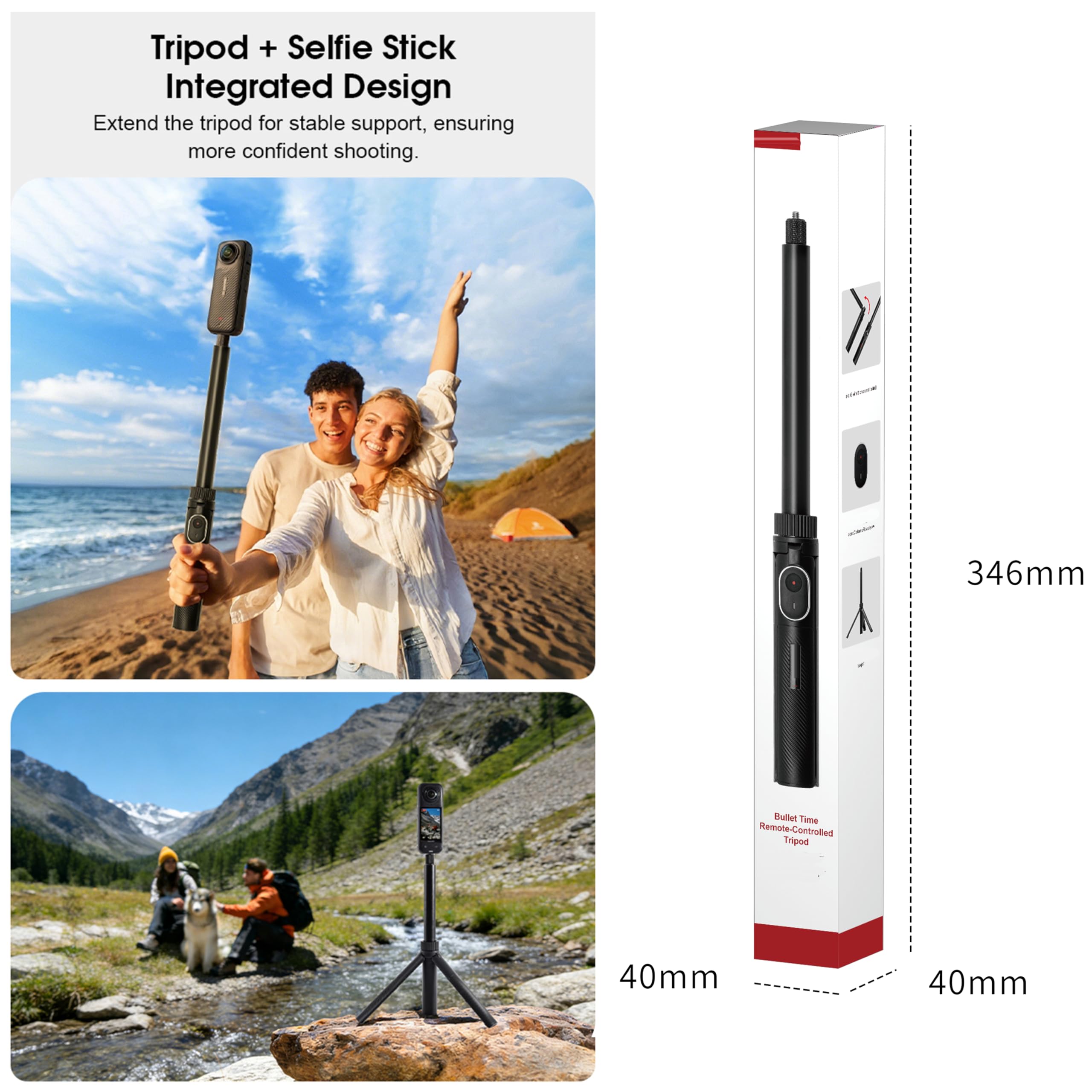 Uchwyt obrotowy statywu Bullet Time z niewidocznym kijem do selfie, do Insta360 X5/X4/X4 Air/X3/X2/X, do OSMO Pocket 3/360, gwint 1/10.2 cm kompaktowy kij do selfie i składany statyw stołowy (typ 2)