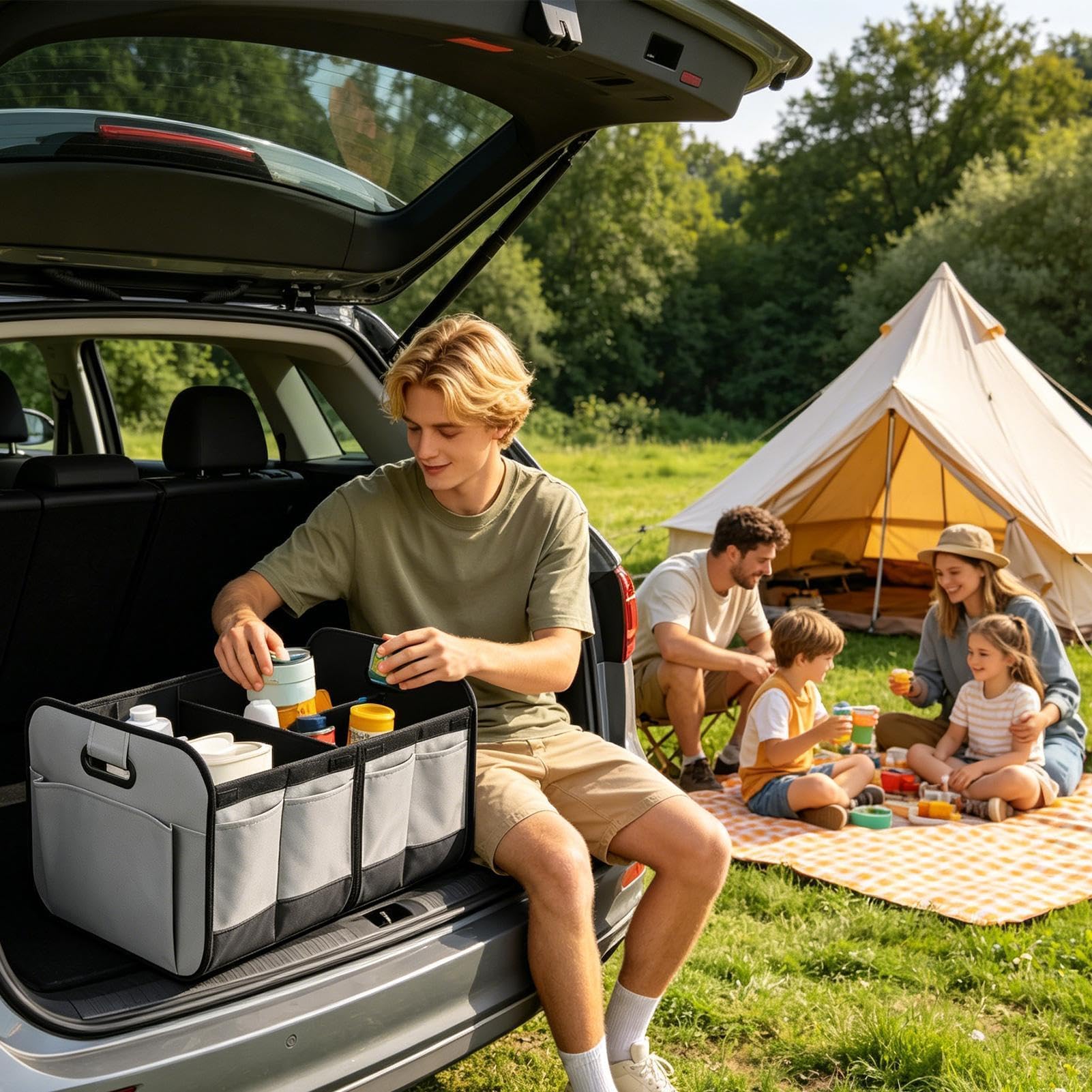 Organizador de maletero con múltiples compartimentos, impermeable, para SUV, camión, RV, furgoneta, sedán, accesorios de coche para interior de automóviles, comestibles, herramientas, gestión de carga