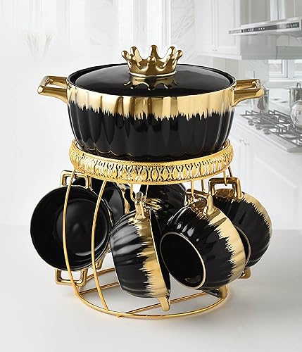 Juego de tazón de sopa de cerámica elegante de Table Fashion Essentials con 6 tazones/tazas con asas, soporte dorado y tapa, estilo olla caliente.