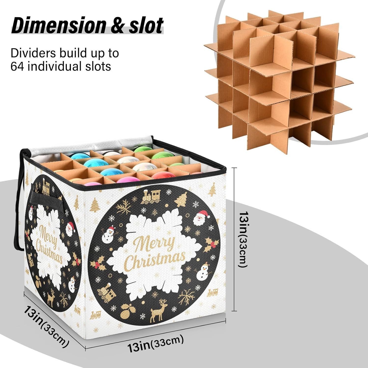 High Capacity Christmas ornament organizer Holds Up to 64, Two Handles foldable Holiday Storage Case with Lid,White and Black Christmas