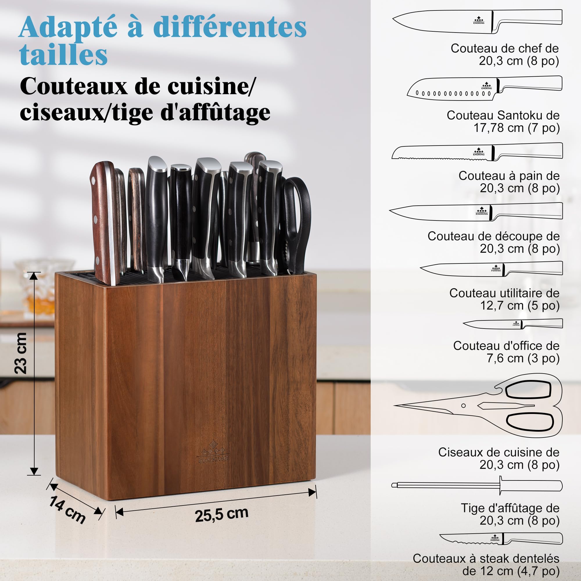 ENOKING Porte Couteaux en Bois D'acacia, Range Couteaux de Cuisine Universel Avec Couvercle en Plastique, Bloc Couteaux Cuisine Vide de Haute Qualité Pour Couteaux Et Ciseaux À Volaille/aiguiseur