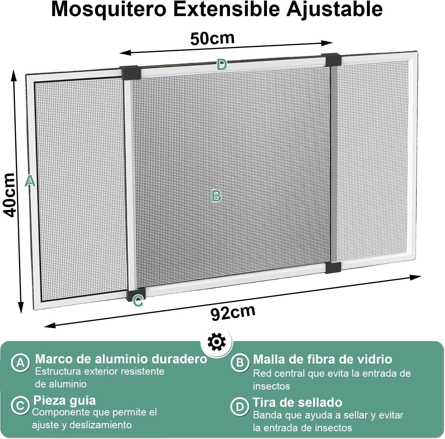 Mosquitera Extensible para Ventanas 40 x 50–92 cm, Marco de Aluminio Ajustable con Malla de Fibra de Vidrio, Protección contra Insectos, Instalación sin Taladro, Ideal para diario y verano