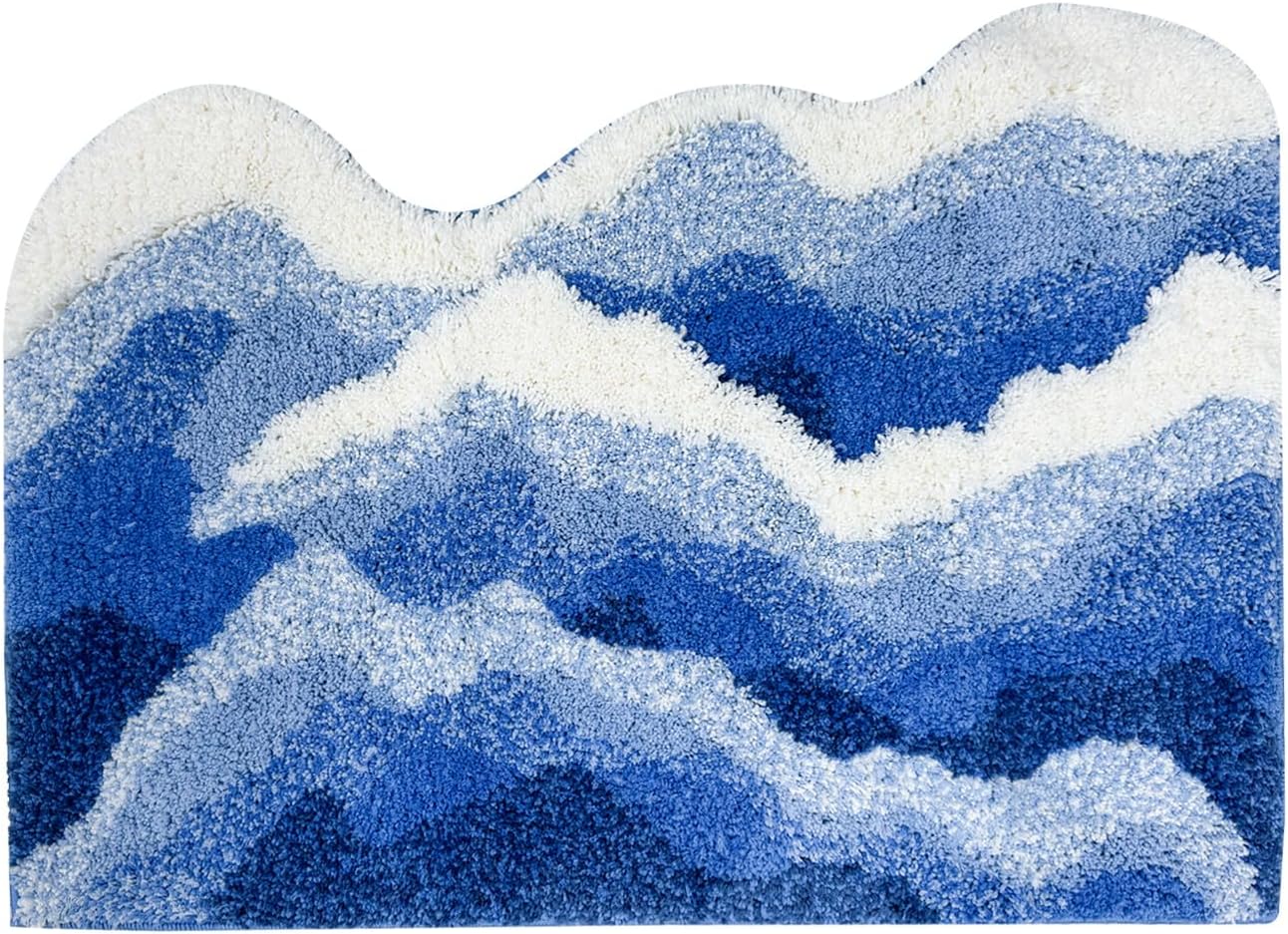 ABREEZE Blue Wave Shape Bathroom Rug,Tufted Ocean Waves Area Rug Cute Bath Mat 3D Irregular Rug Area Carpet Moss Rug Absorbent Machine Washable with Nonslip Backing 2'X2.7'