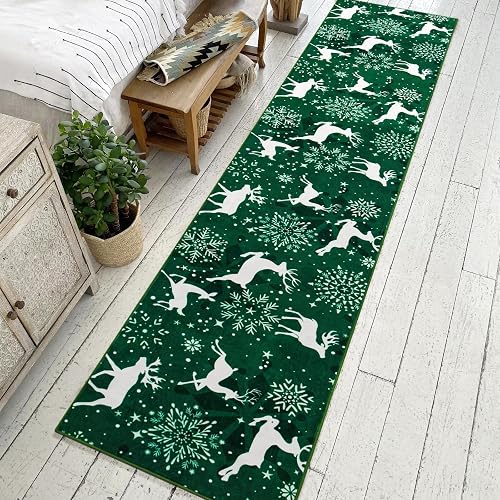 Asrug Christmas Runner Rug Green-2x10 Reindeer Washable Runner Rug for Hallway N