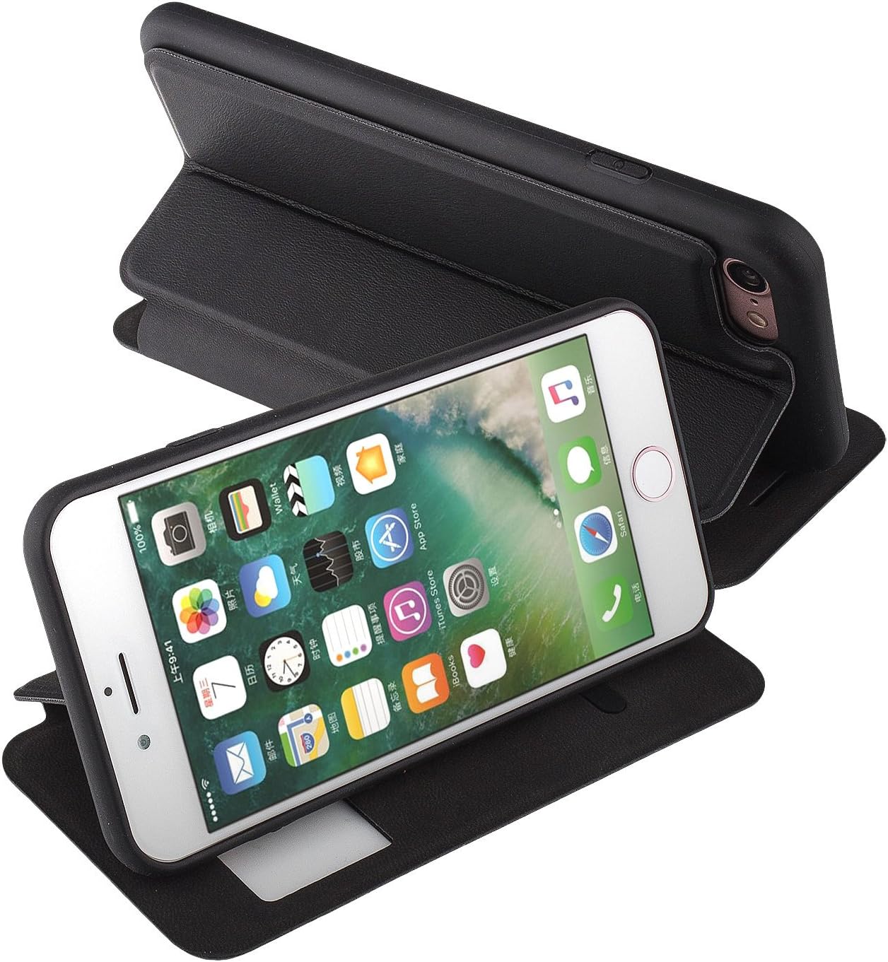 Nouske Swipe Case for iPhone 7 iPhone 8 with Stand/Window View/Magnetic Closing/TPU Bumper/Flip Full Cover Black