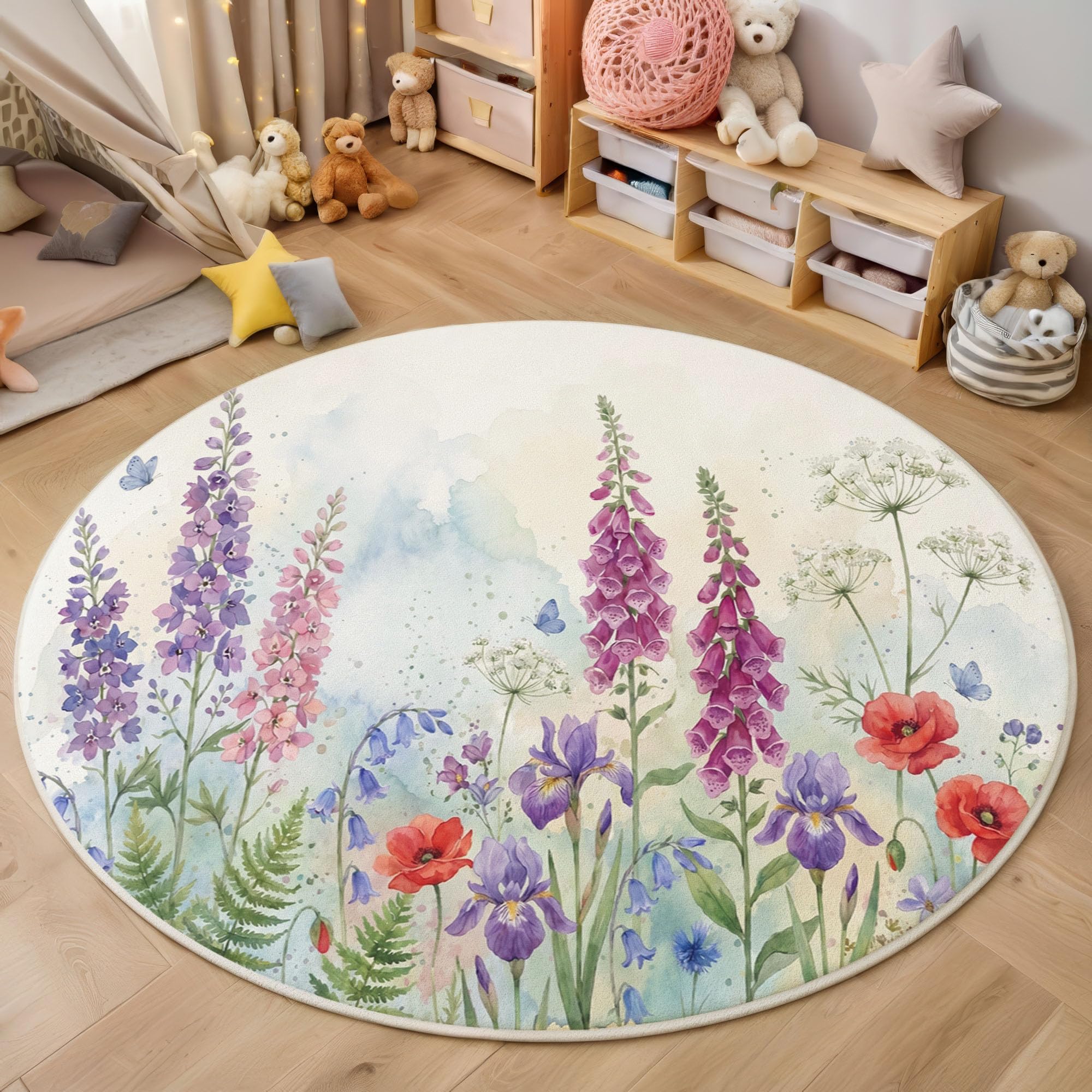 Tapis Rond Fleurs Sauvages À L'Aquarelle Bleu-Vert Salon 180 Cm | Tapis Antidérapant Nature Digitale Iris Pour Chambre Enfant Salle Jeux Décoration, Moquette De Sol Poil Bas Lavable