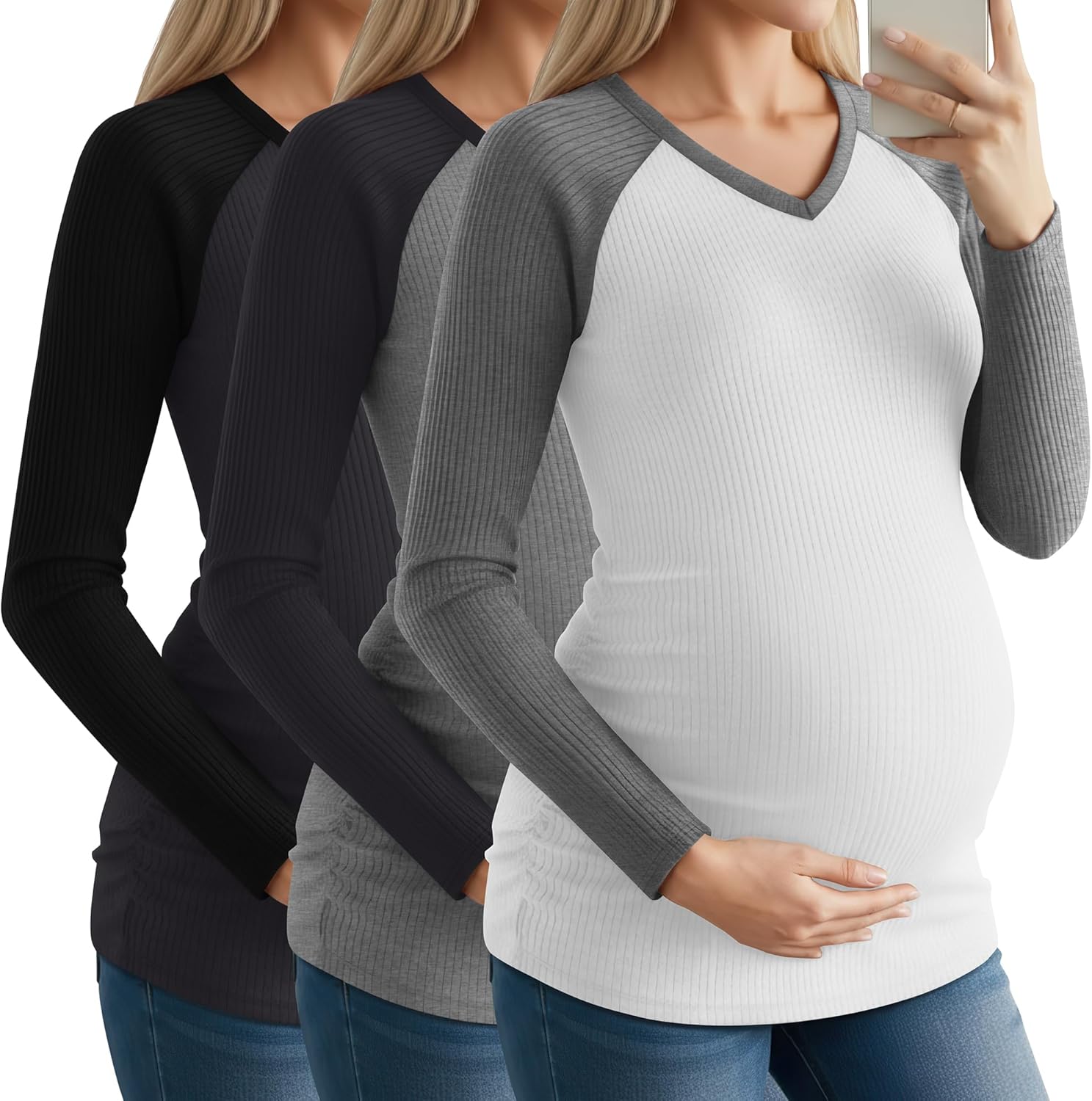 3 Pack Women’s Maternity Shirts, Raglan Long Sleeve V Neck Cotton Maternity Tops Side Ruched Pregnant Clothes