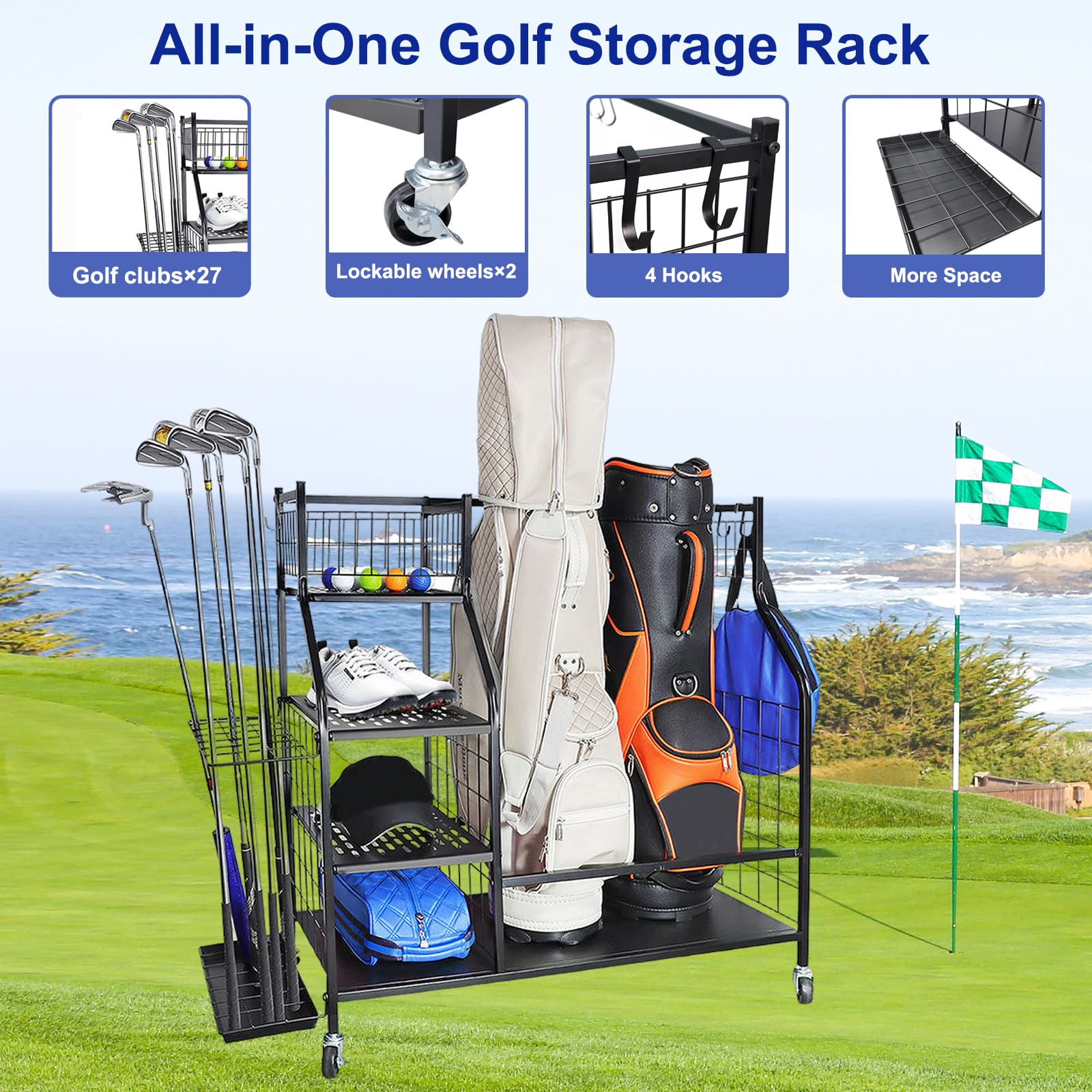 Support de rangement pour sacs de golf, organiseur de rangement avec roues verrouillables, support de rangement pour sacs de golf, clubs de golf et accessoires d'équipement de golf, pour garage