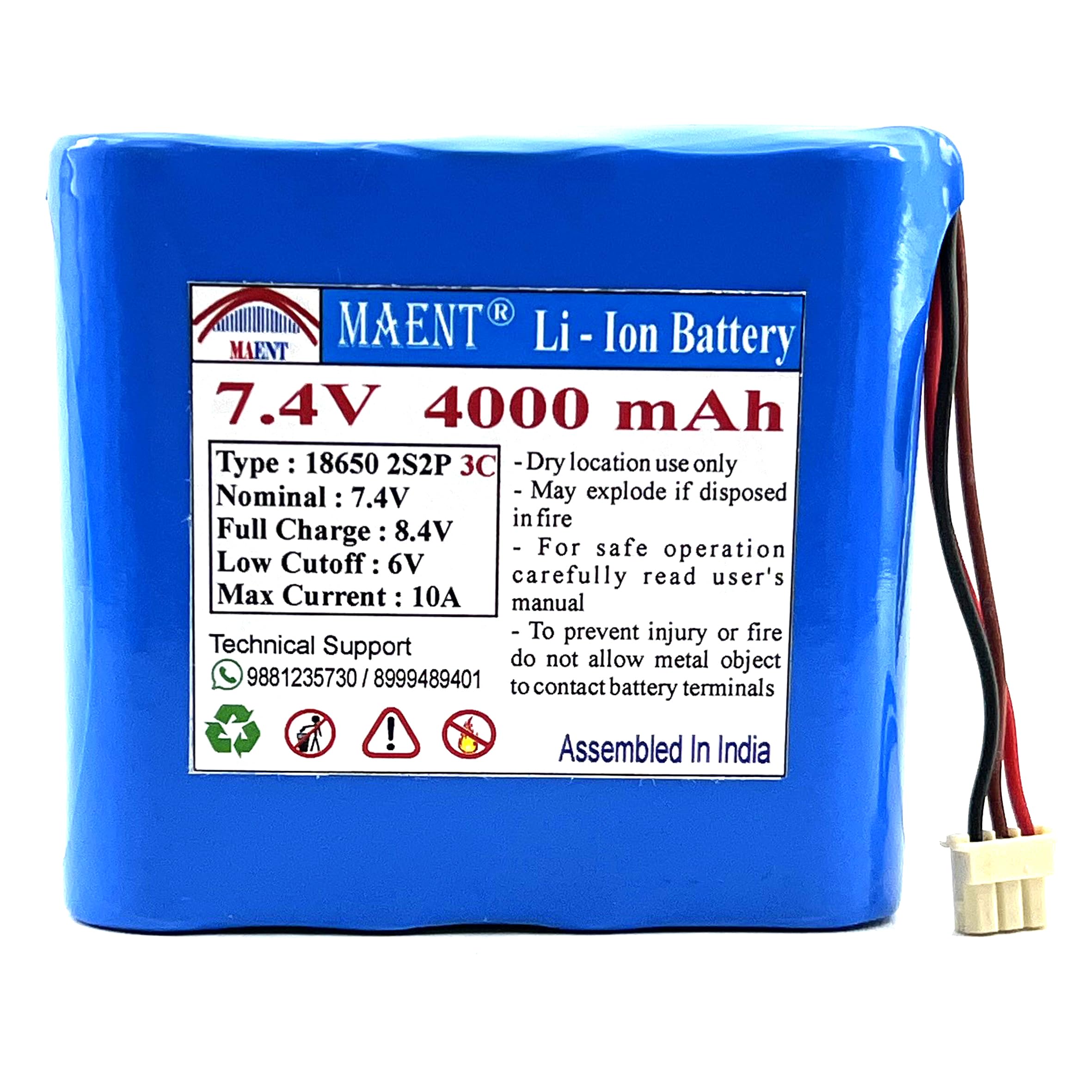 MAENT® 7.4V 18650 Lithium ion Rechargeable Battery 2S2P 2 Wire 5264 POS 8.4V for Electronics Toys Lighting Equipment POS Swipe Machine - 3C Rated (3 Pin POS Connector, 4000 mah)-picture-33