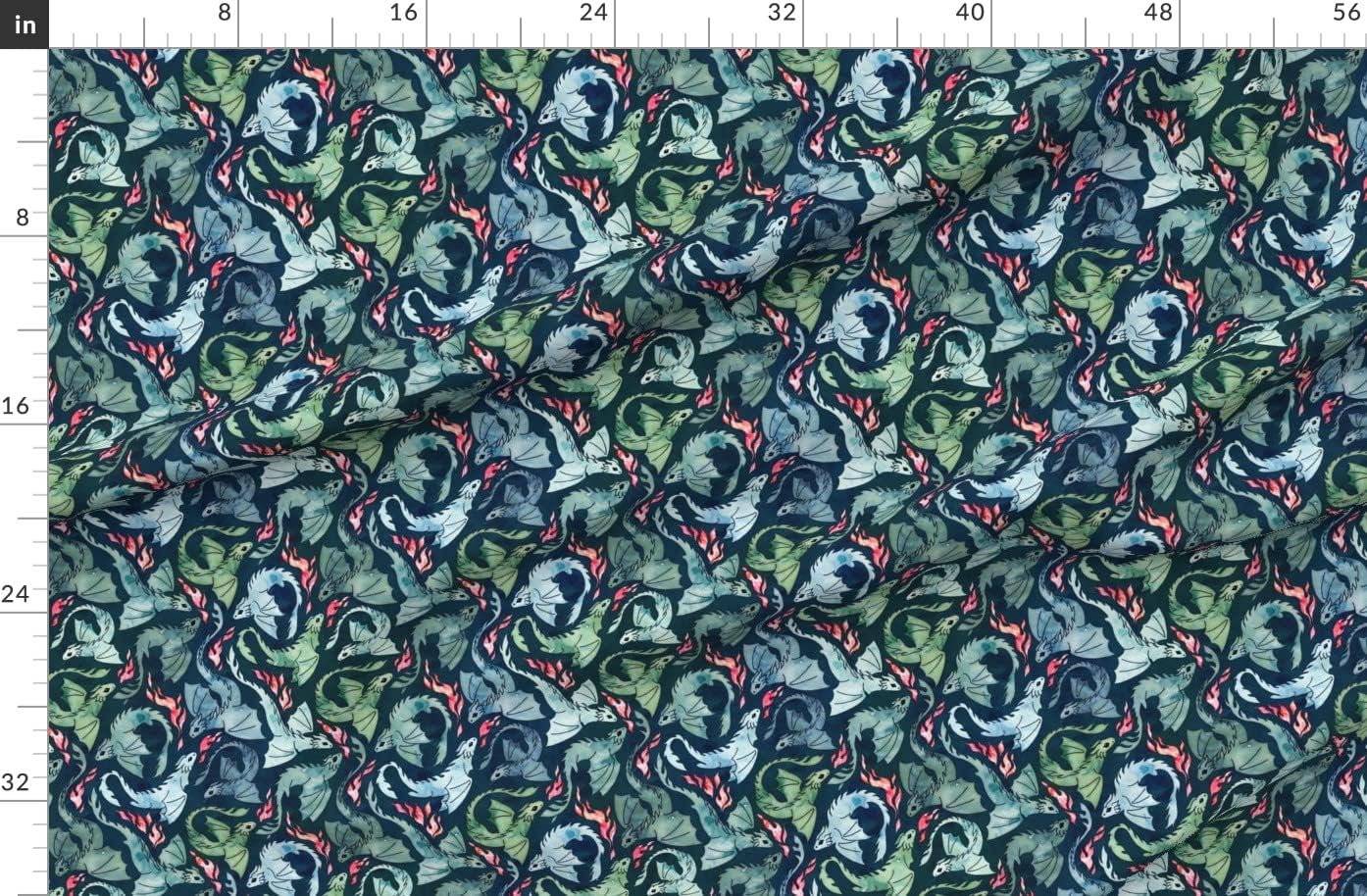 Spoonflower Fabric - Dragon Fire Dark Blue Green Small Navy Fantasy Scarlet Flying Printed on Organic Cotton Sateen Fabric by The Yard - Sewing Quilting Apparel Home Decor