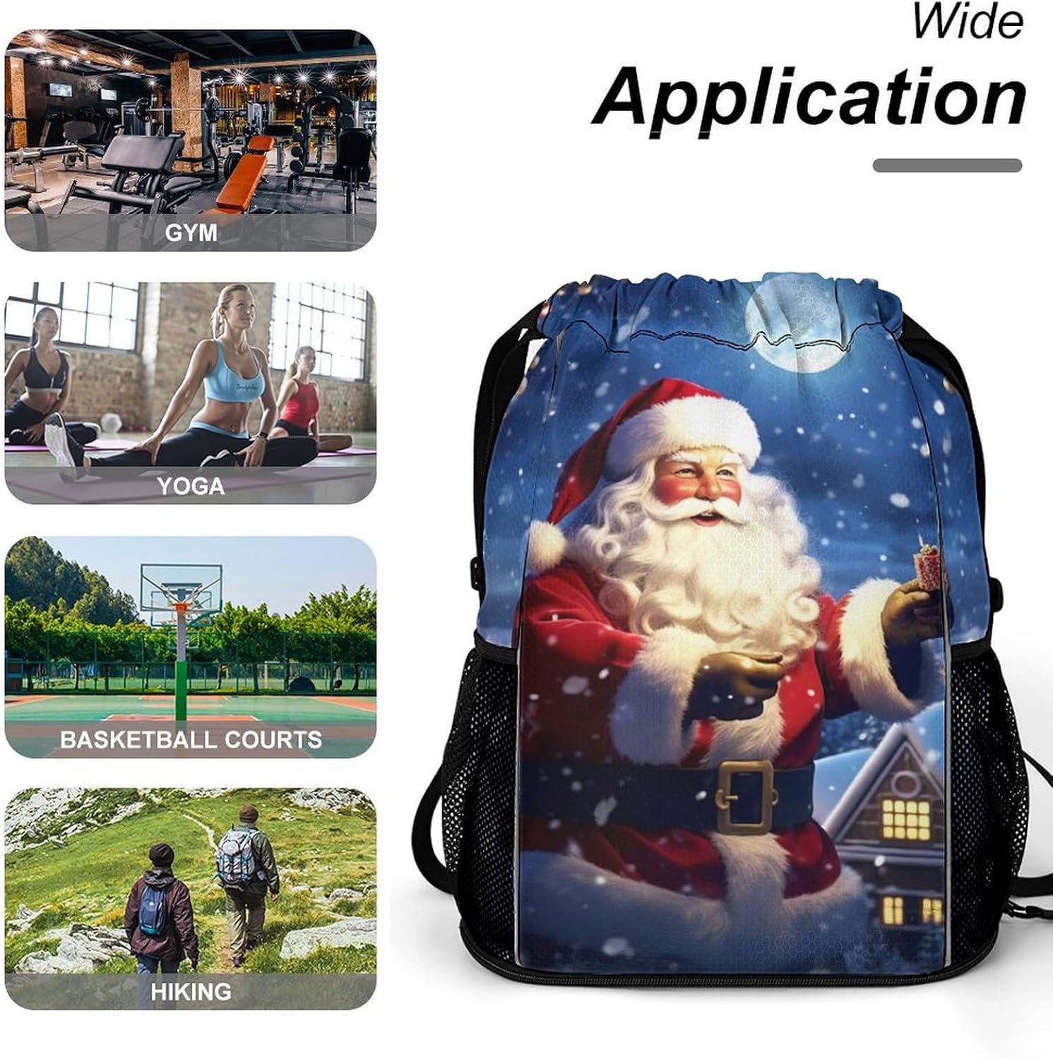 Small Gym Bag Winter Christmas Santa Printed Drawstring Gym Bag for Men Lightweight Waterproof Drawstring Backpack for Women with Shoe Compartment for Travel Tourism Work And Fitness