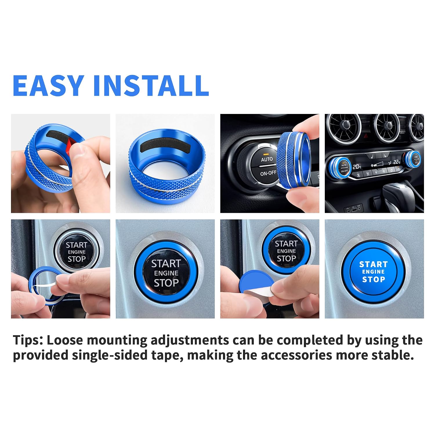for 2019-2026 Nissan Altima S/SL/SR/SV/Platinum Accessories (Fits 8" Screen, 2 Radio Knobs) - Polodunn 6pcs Aluminum Alloy Knob Cover Trim Set for Push Start Button, AC Climate & Volume (Blue)