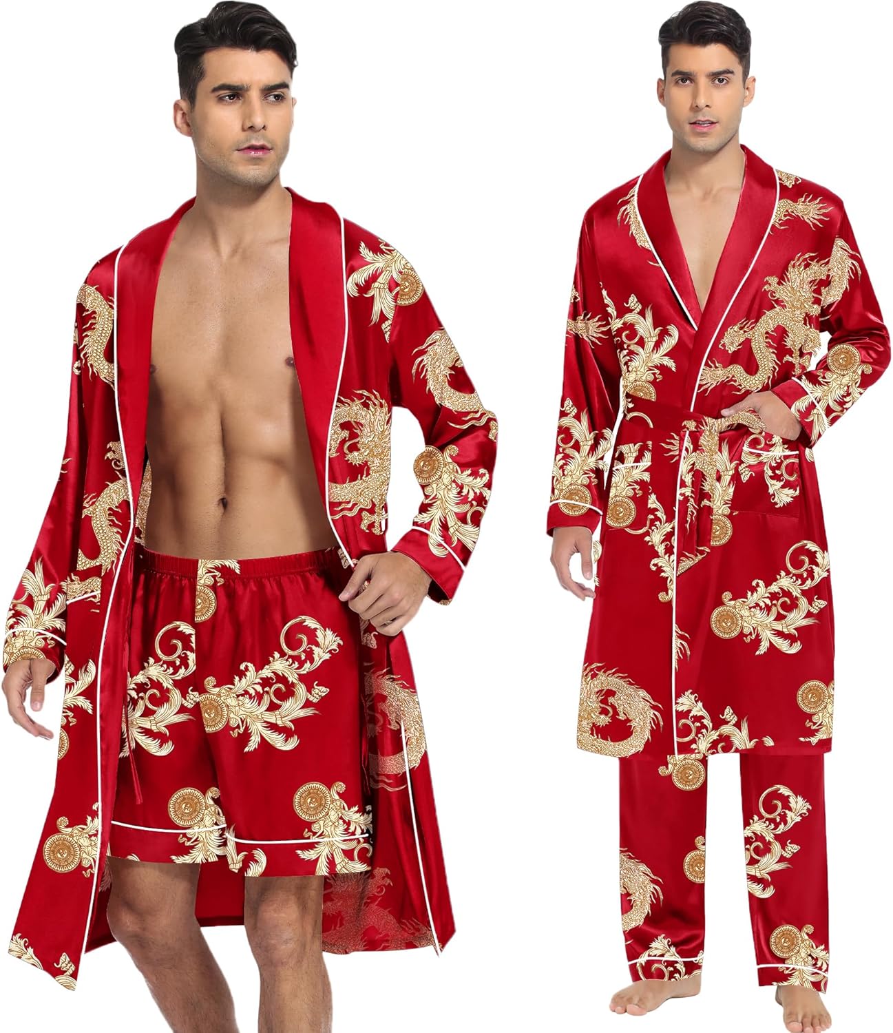 SWOMOG Men's Satin Robe 3 Pcs Silky Kimono Bathrobe Set Lightweight Soft Loungewear Nightwear - Image 2