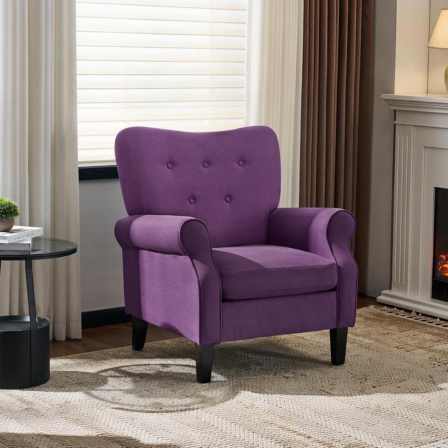 EROMMY Mid Century Wingback Arm Chair, Modern Fabric High Back Accent Chair with Curved Armrests & Solid Wood Legs, Upholstered Single Sofa for Living Room, Bedroom, Home Office, Purple