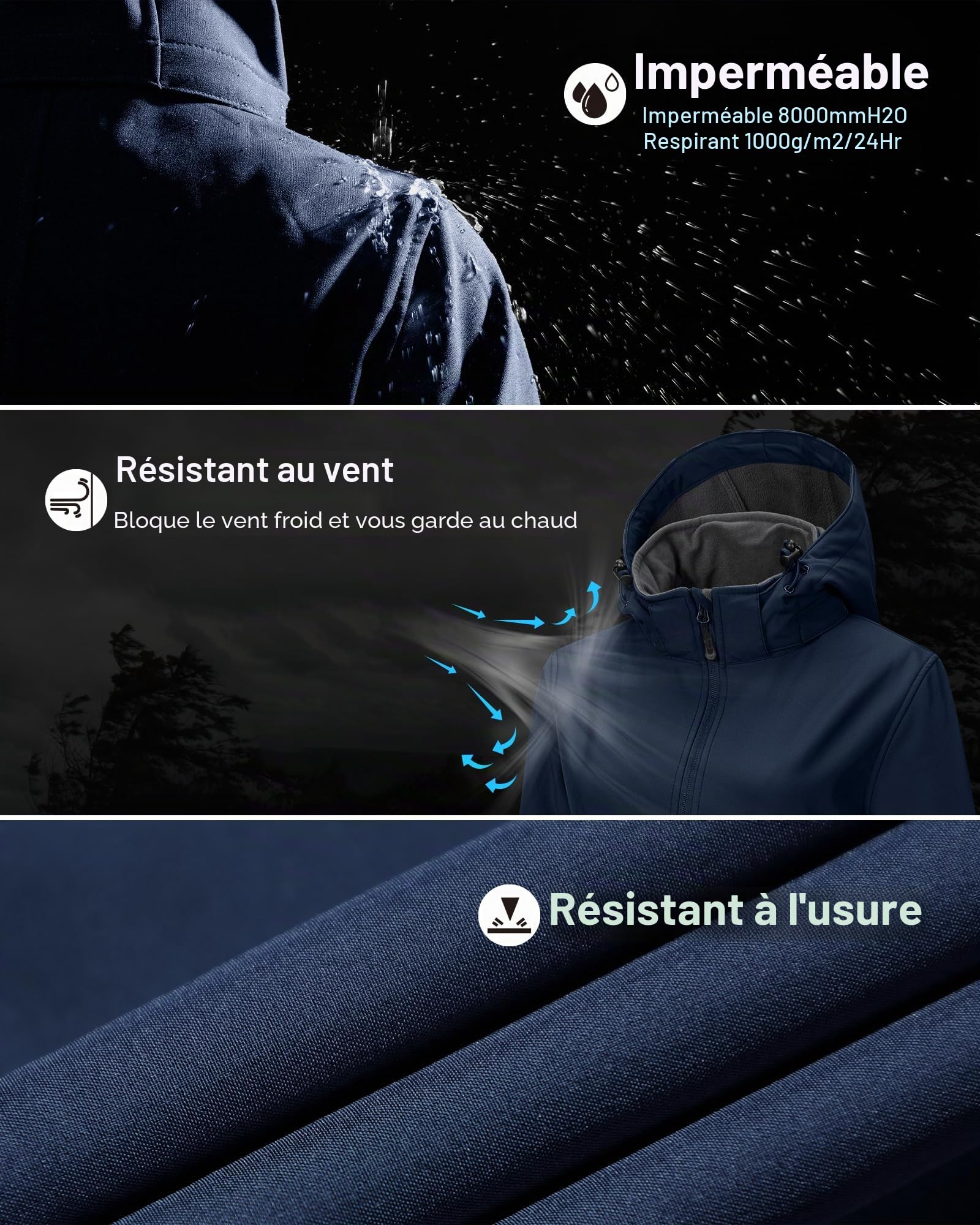33,000ft Femme Veste Softshell Imperméable Longue Légère Jacket À Capuche Veste de pluie softshell Blouson Coupe Vent pour Activites En Exterieur Course à pied Randonnée