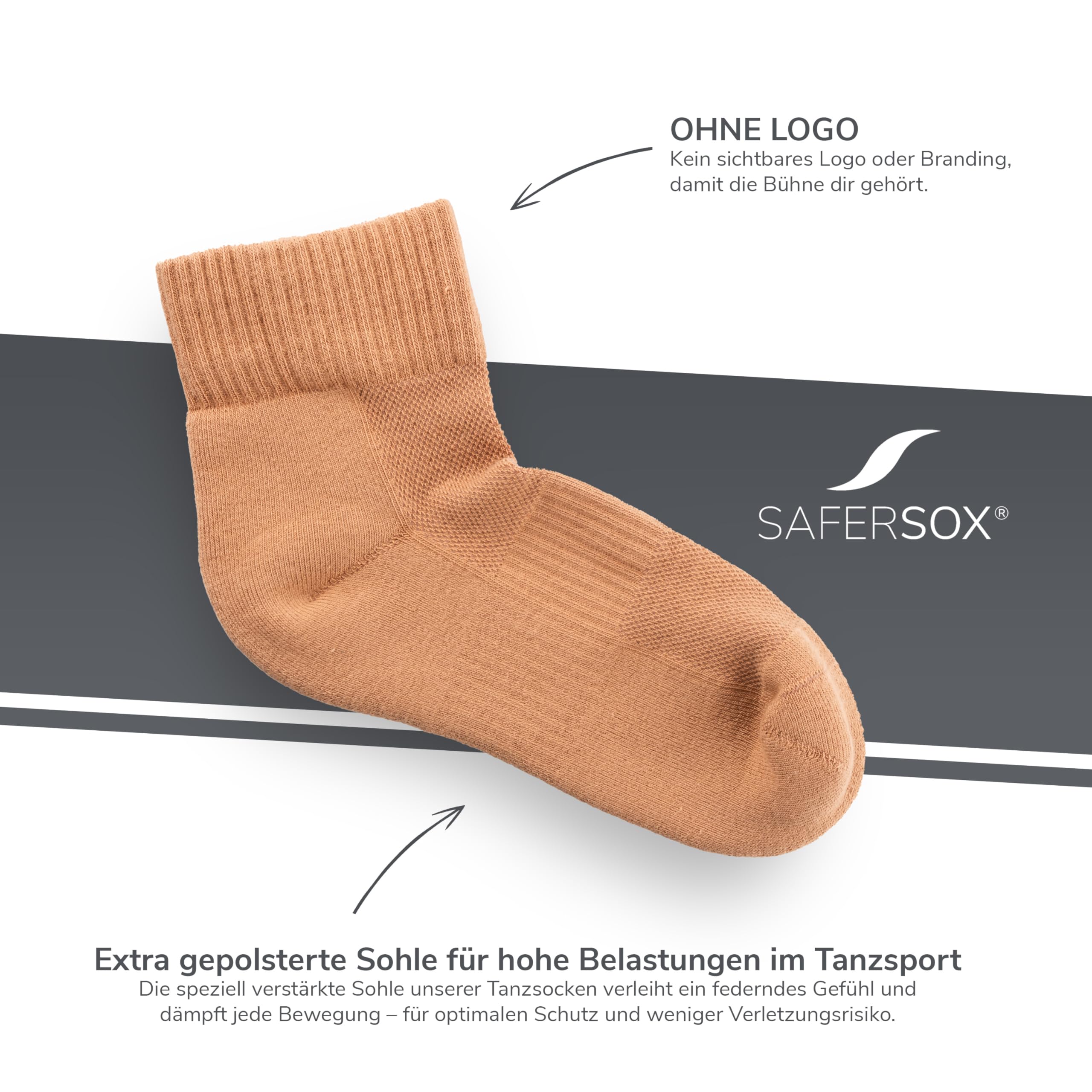 Safersox Tanzsocken kurz, 3 Paar, Hautfarbe Almond, Damen & Herren, 39-42