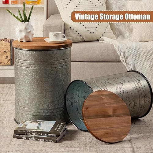 Miniatura 7 de Poofzy Juego de 2 mesas auxiliares de granja, mesa auxiliar de metal galvanizado con tapa de madera, mesa auxiliar de almacenamiento para sala de