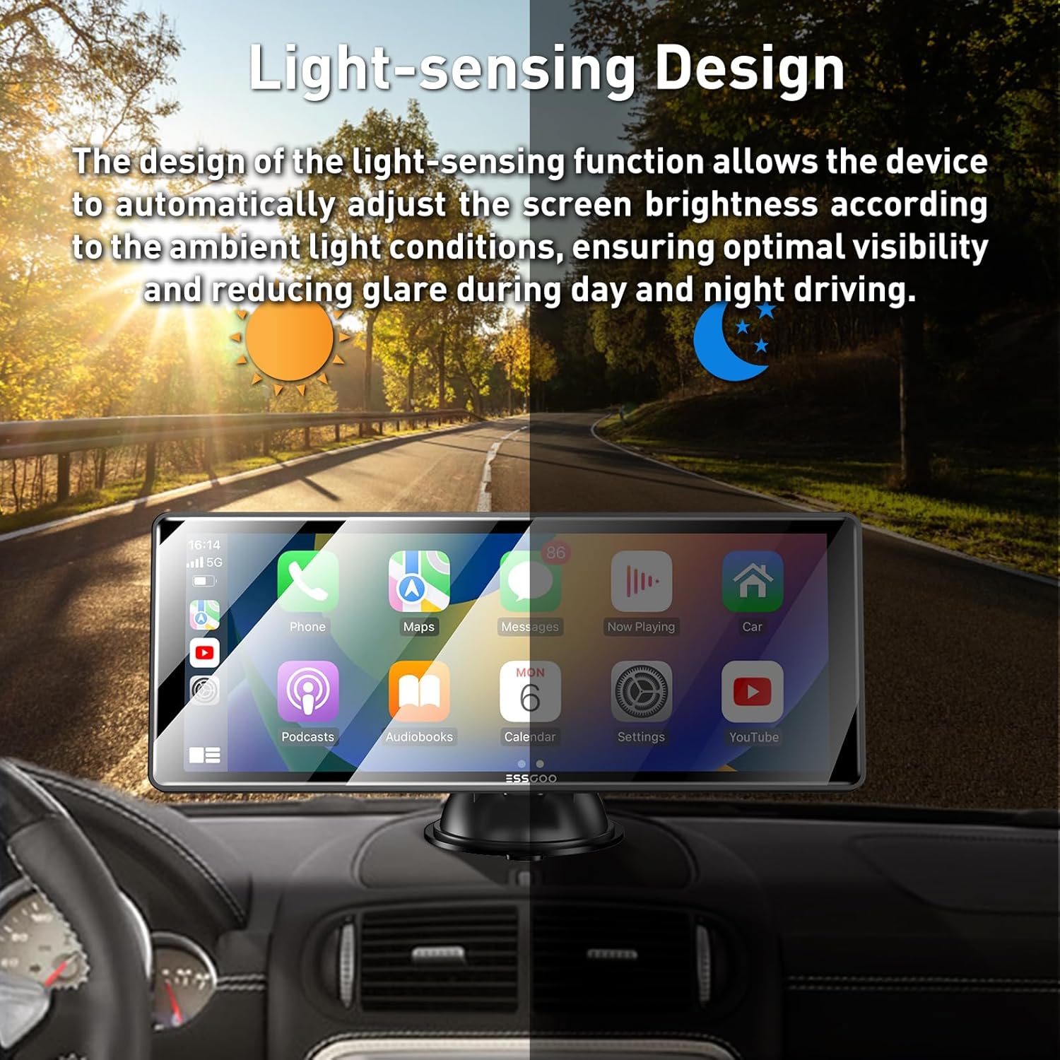 ESSGOO Portable Carplay System demonstrating automatic brightness adjustment based on ambient light, showing a bright screen in daylight and a dimmer screen at night.