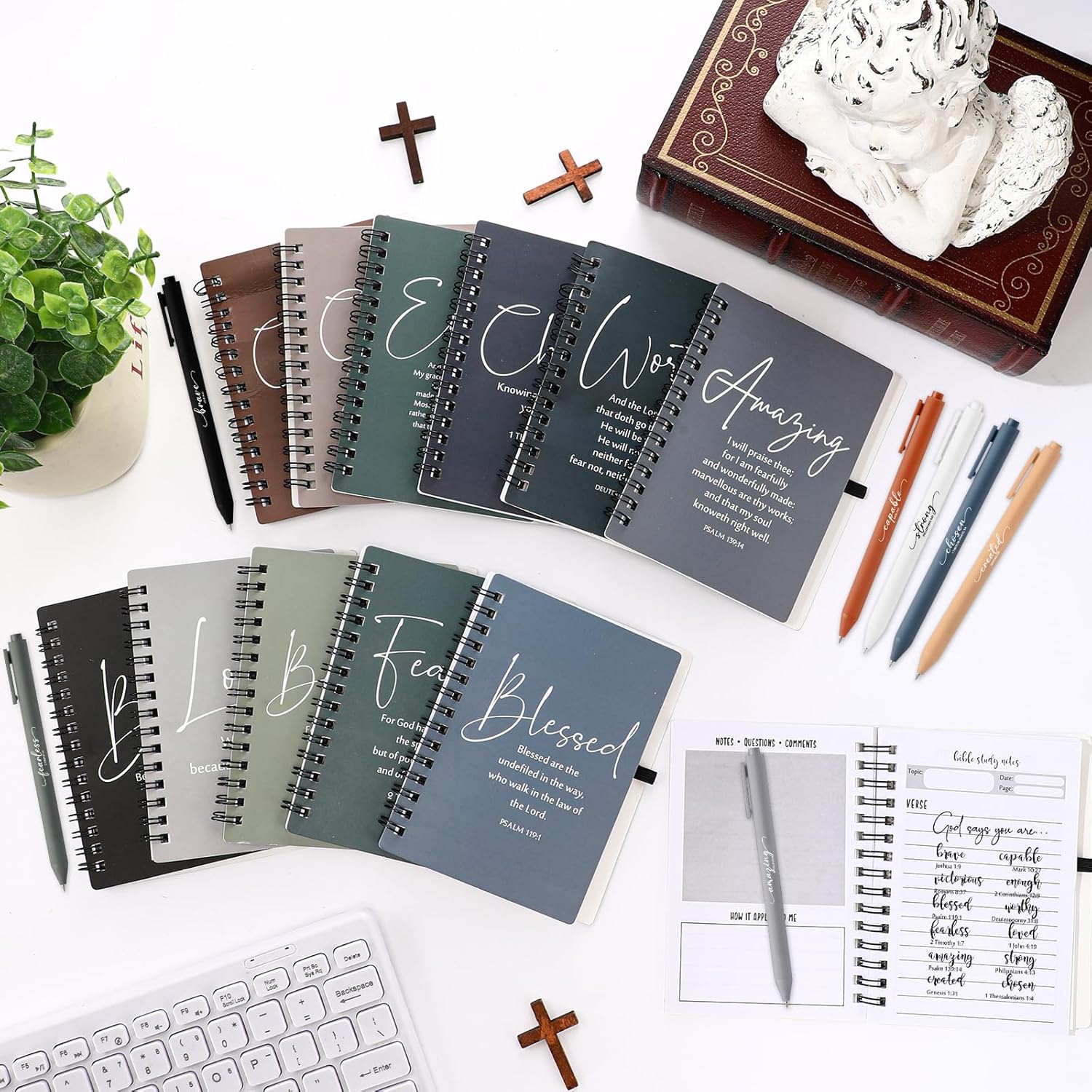 Kosiz 24 Sets Administrative Professional Gifts Bulk Christian Spiral Notebooks with Pens Small Bible Prayer Journals and Pens Gifts for Women Men Church Office School Supplies (Boho)