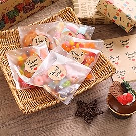 SUREHOME Cookie Bags with Seal 4x4 In 200 Small Clear Self Sealing Cellophane Treat Bags for Cookie Packaging Thank You Polka Dot Individual Resealable Cellophane Bag for Candy Gift Giving Wrappers