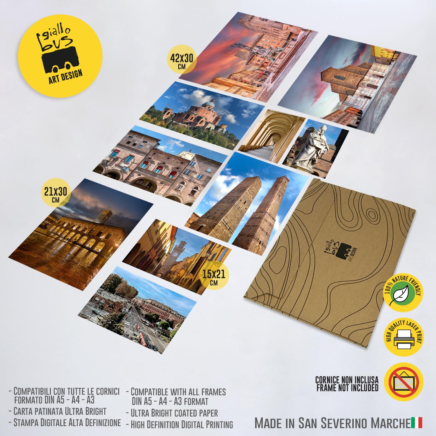 Giallobus - Set 10 poster da parete - Raccolta città Bologna 3 - Carta Patinata - | 2 x A3 42x30cm | 4 x A4 30x21cm | 4 x A5 21x15cm | - SENZA CORNICI - Stampe moderne soggiorno