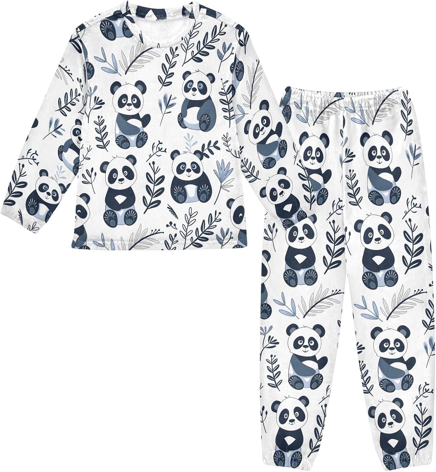 Kids Flannel Sets Grass and Panda Warm Plush Relaxed Clothing for Boys and Girls