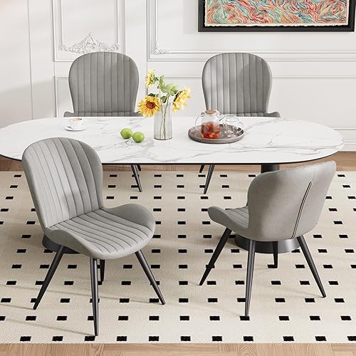 Miniatura 15 de Juego de 6 sillas de comedor modernas de terciopelo para sala de estar, sillas tapizadas de comedor con cojines gruesos, patas de metal, sin brazos,