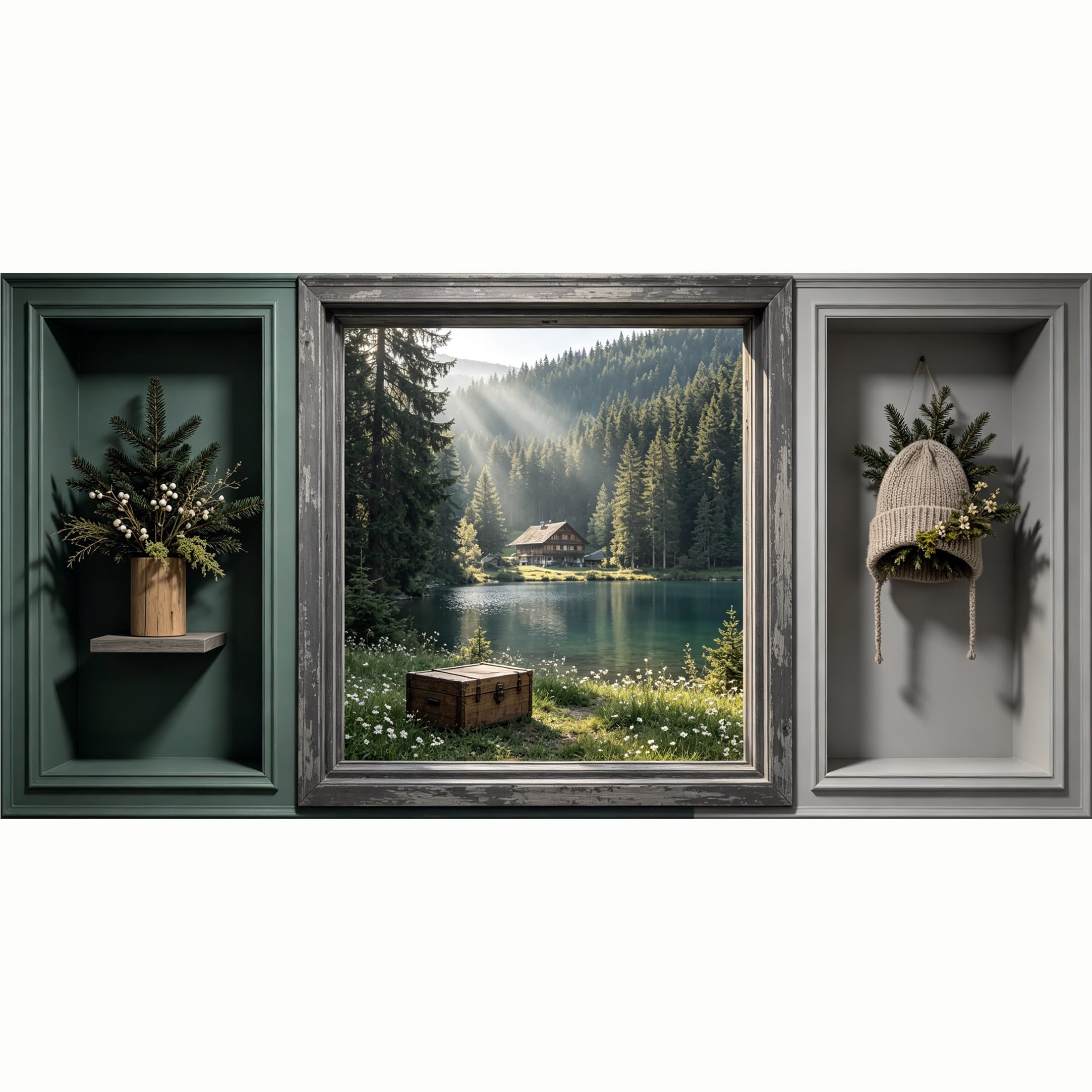 QZLITHOTIC 50x100cm 3D Framed Wall Art， Misty Forest Lake Cabin Landscape Self‑Adhesive Mural， Water‑Activated Peel & Stick Fabric Decor Wall Decal for Bedroom Living Room