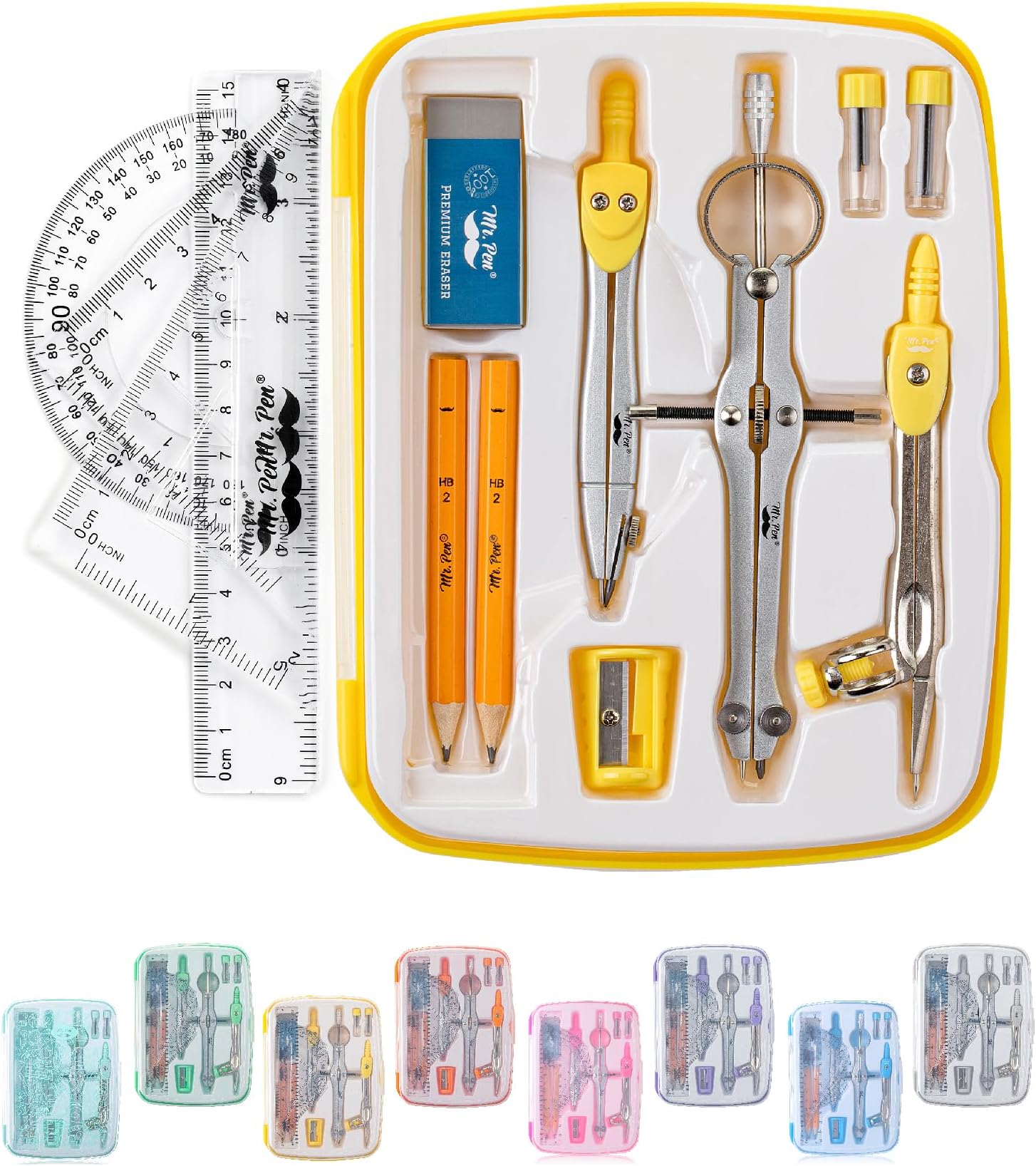 Mr. Pen- Geometry Set, 13 pcs, 3 Metal Compasses, Protractor, 6" Ruler, 45° & 30°/60° Set Squares, Pencils, Lead Refills, Sharpener & Eraser for Math, Drafting & Classroom Use