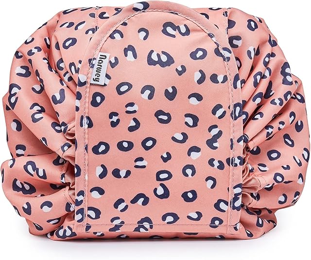 Portable Lazy Drawstring Makeup Bag Travel Cosmetic Pouch Toiletry Organizer Waterproof Large for Women and Girls (Orange Leopard)
