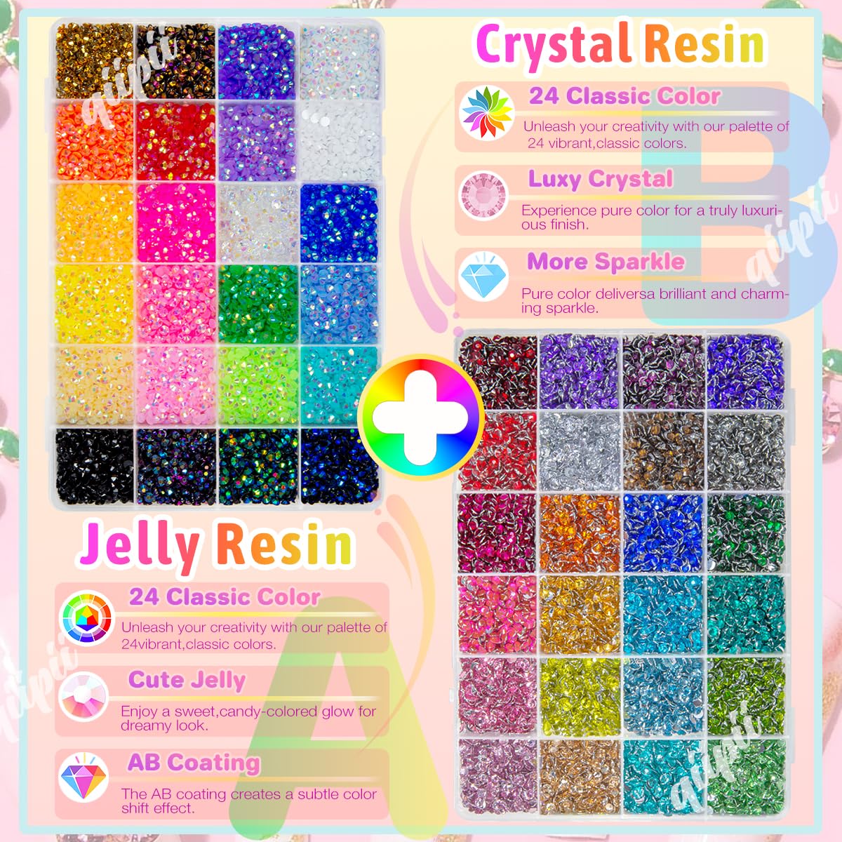 48 Color 4mm SS16 Jelly AB & Crystal Colorful Resin Rhinestones for Bedazzling Crafting Flatback Stones Gems Diamonds Bedazzler Kit for Nails Eyes Face Makeup Tumblers Bottles DIY Crafts Shoes