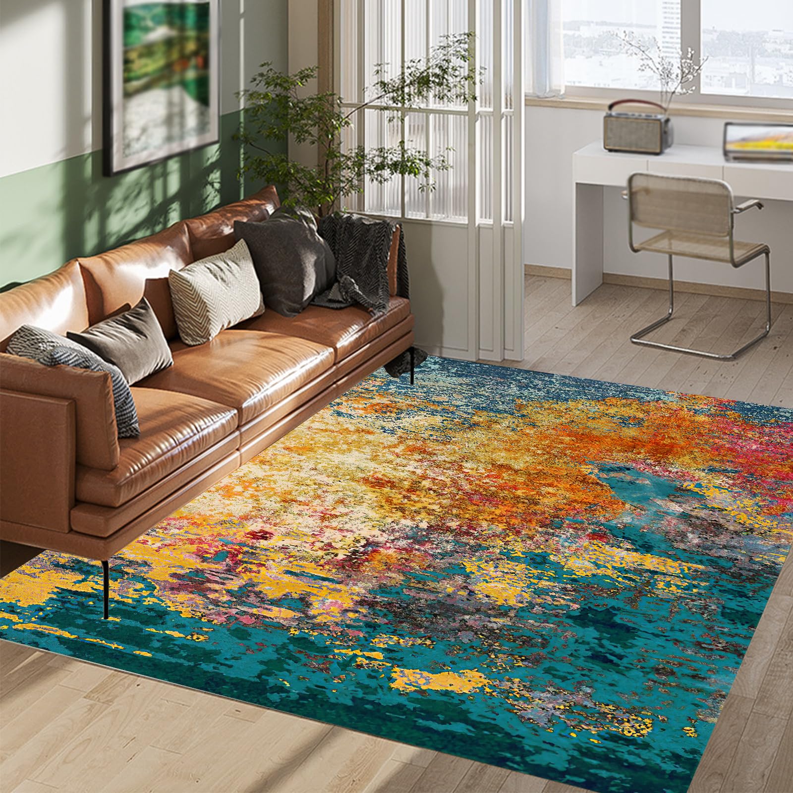 Tapis moderne abstrait 120x180 cm bleu sarcelle et vert émeraude aquarelle pour salon