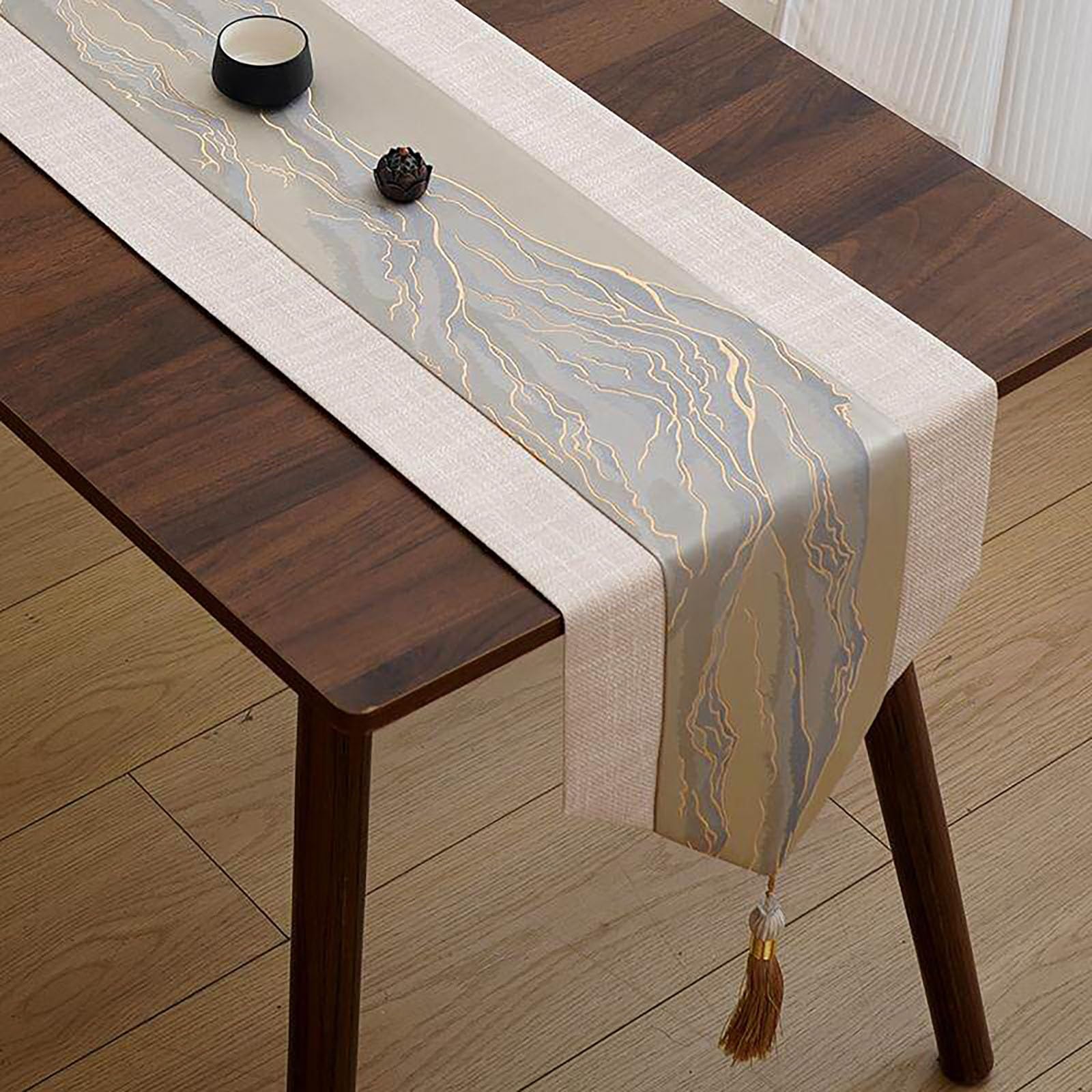 New Chinese Zen Table Runner, High Density Landscape Jacquard Cotton Linen Scarf With Exquisite Tassels, Decor For Dining Table, Tea Table & TV Cabinet(Grey,280cm/110.2in)