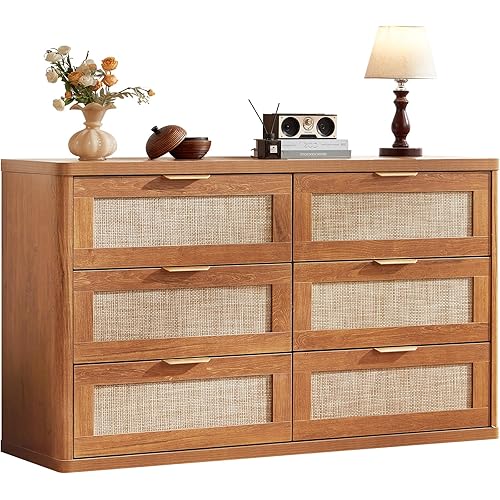 LEYAOYAO Rattan 6 Drawer Dresser for Bedroom, 54" Wide Boho Chest of Drawers, Wooden Dressers TV Stand with Metal Handle, Storage Closet Organizer for Living Room, Hallway, Tea Brown
