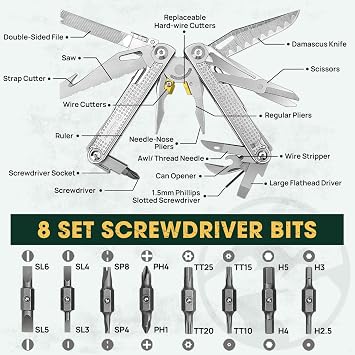Multper Multitool Pliers with Damascus Knife & Large Scissors,Screwdriver